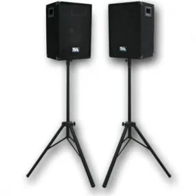 Pair of 10" PA Speakers with two tripod speaker stands