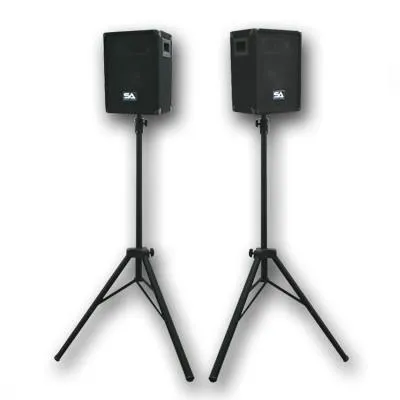 Pair of 8" PA Speakers with two tripod speaker stands