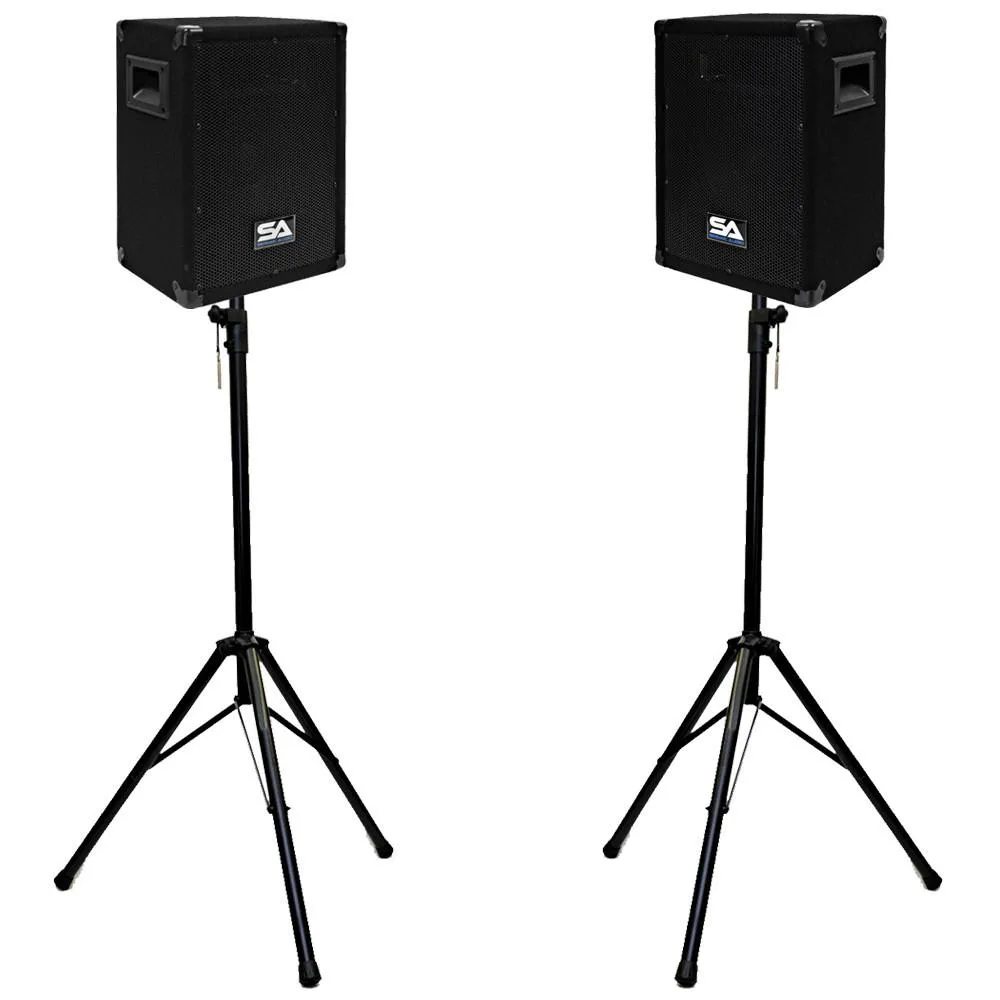 Pair of 8" PA Speakers with two tripod speaker stands