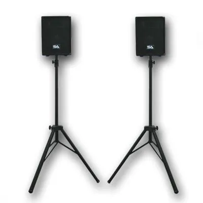 Pair of 8" PA Speakers with two tripod speaker stands