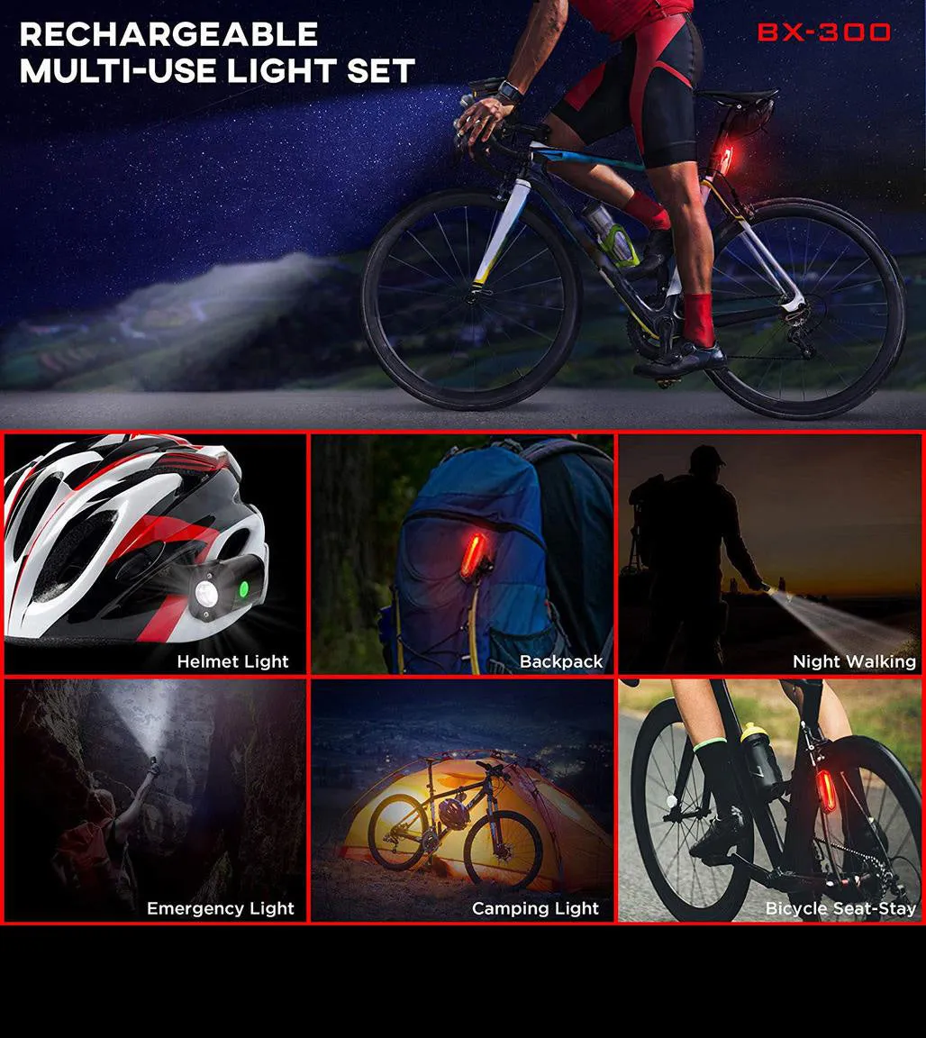 POWERFUL BX-300 CREE XP-G2 BIKE LIGHT SET USB RECHARGEABLE FRONT HEADLIGHT W/ AMBER SIDE ALERT   BONUS FREE REAR LED BIKE LIGHT