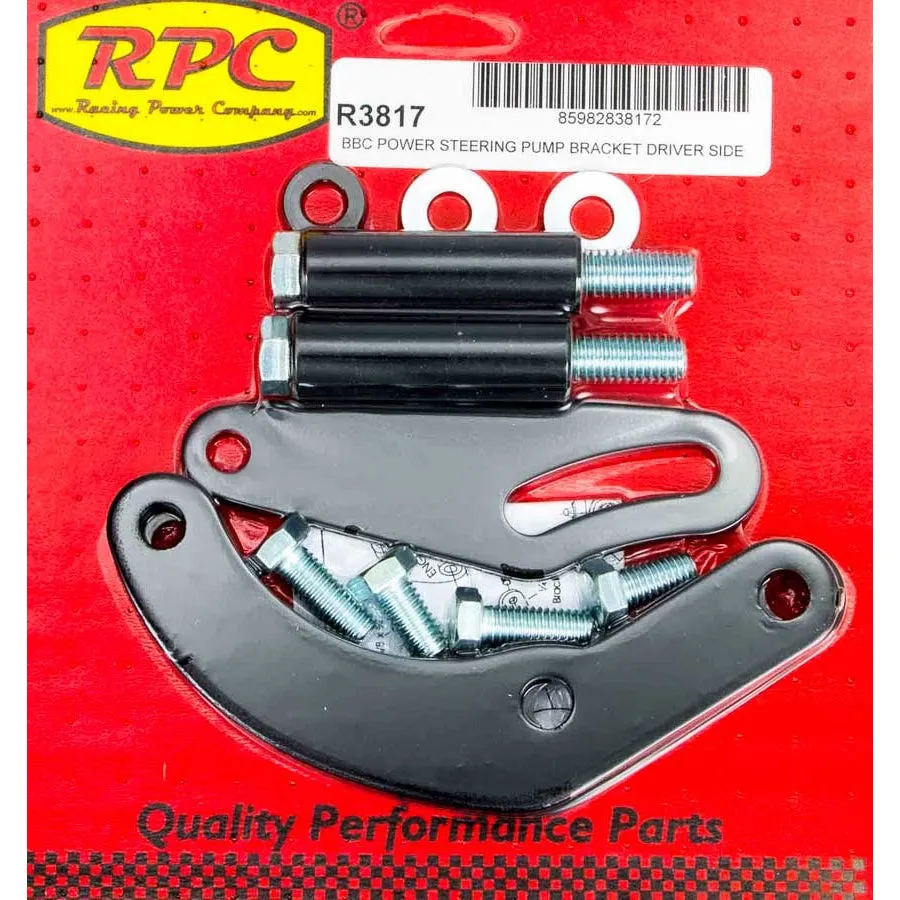 Racing Power Driver Side Power Steering Pump Bracket Block Mount Steel Black Paint - Short Water Pump - Big Block Chevy - Kit