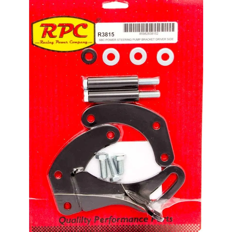 Racing Power Driver Side Power Steering Pump Bracket Block Mount Steel Black Paint - Short Water Pump