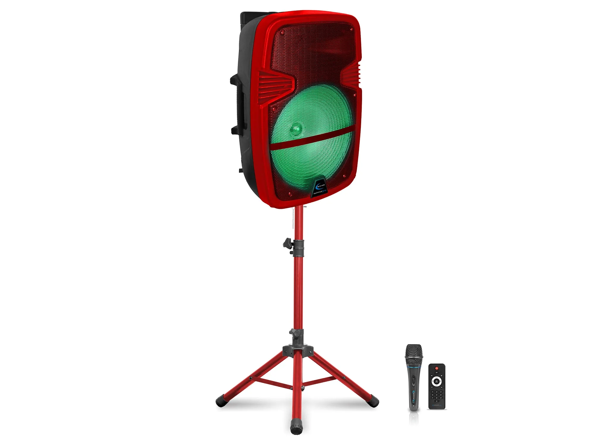 Red 15" Rechargeable Bluetooth LED Loudspeaker Package with Tripod & Microphone
