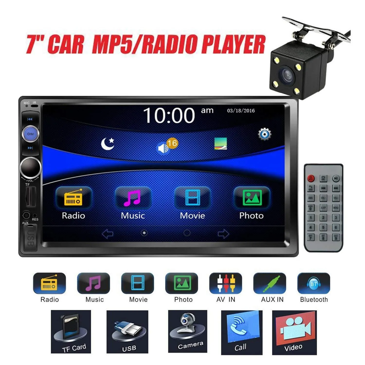 Regetek Car Stereo Double Din 7" Touchscreen in Dash Stereo Car Audio Video Player Bluetooth FM AM Radio Mp3 /TF/USB/AUX-in/Subwoofer/Steering Wheel Controls   Remote Control Rear View Camera
