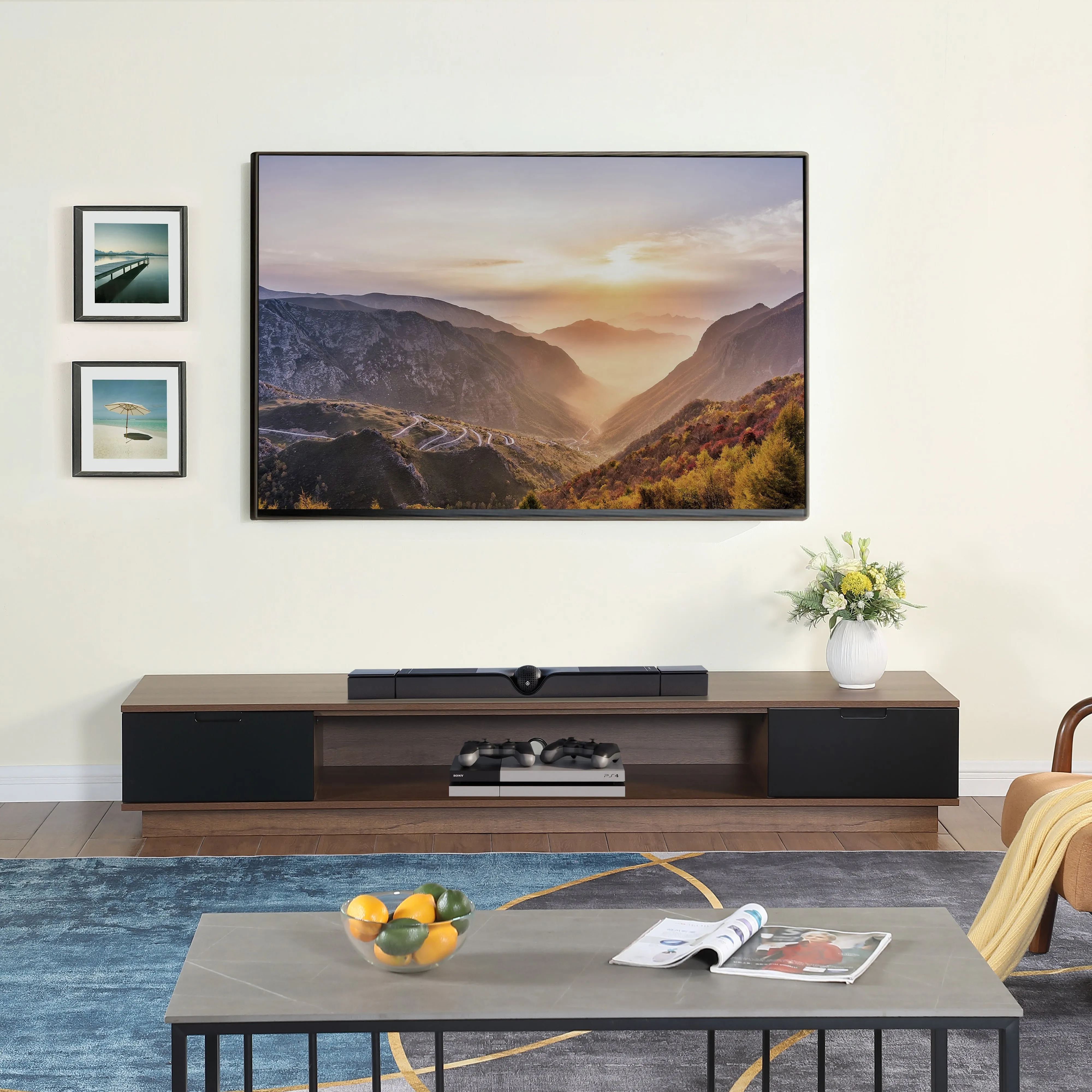 Rio Entertainment Center, TV Cabinet, Entertainment Unit 2200mm Low Line, Dark Oak by Taurs