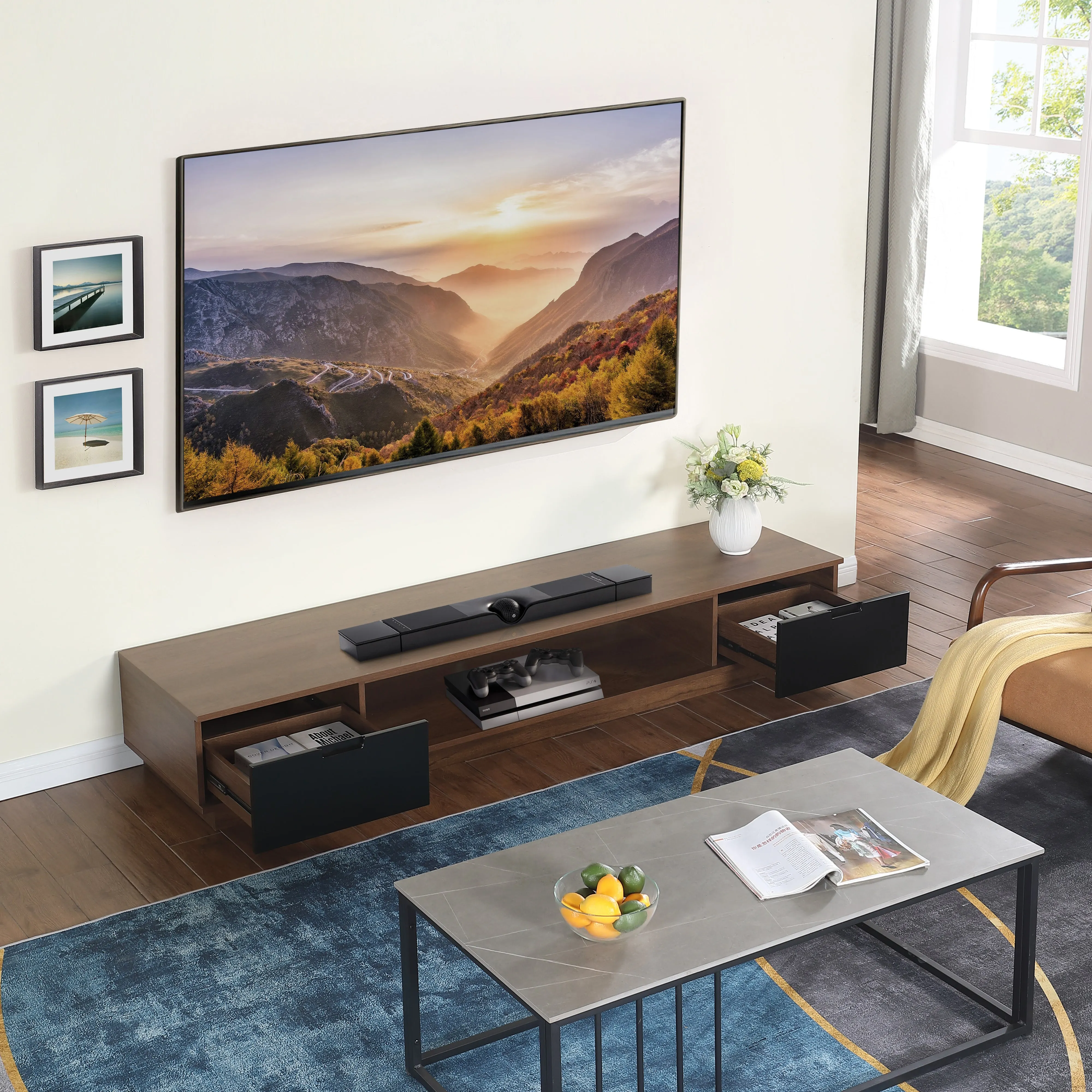 Rio Entertainment Center, TV Cabinet, Entertainment Unit 2200mm Low Line, Dark Oak by Taurs