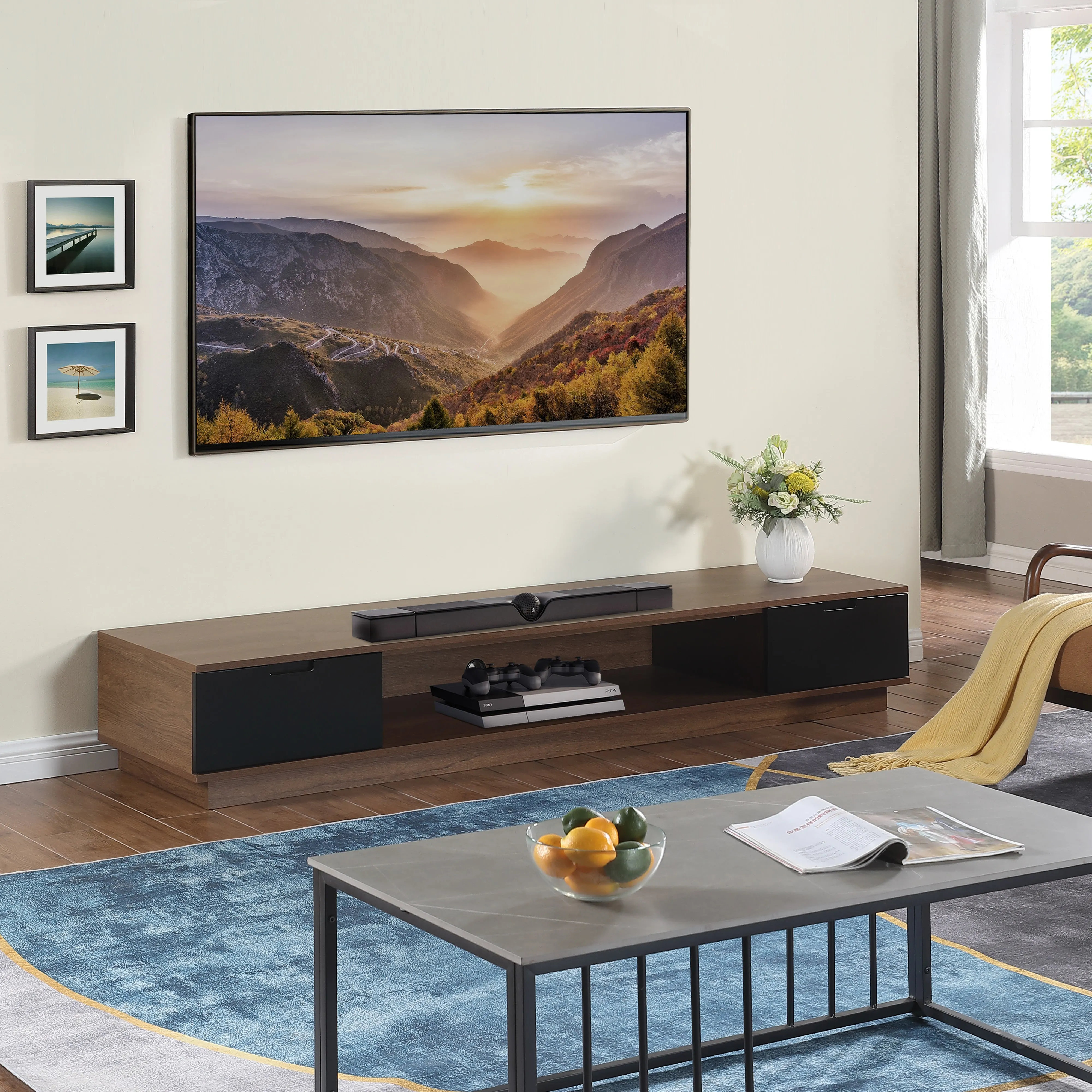 Rio Entertainment Center, TV Cabinet, Entertainment Unit 2200mm Low Line, Dark Oak by Taurs