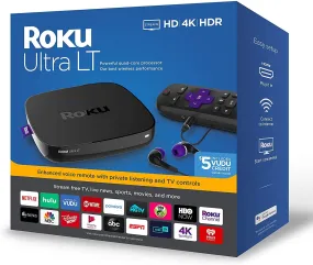 Roku Ultra LT | HD/4K/HDR Streaming Device with Ethernet Port and Roku Voice Remote with Headphone Jack, includes Headphones
