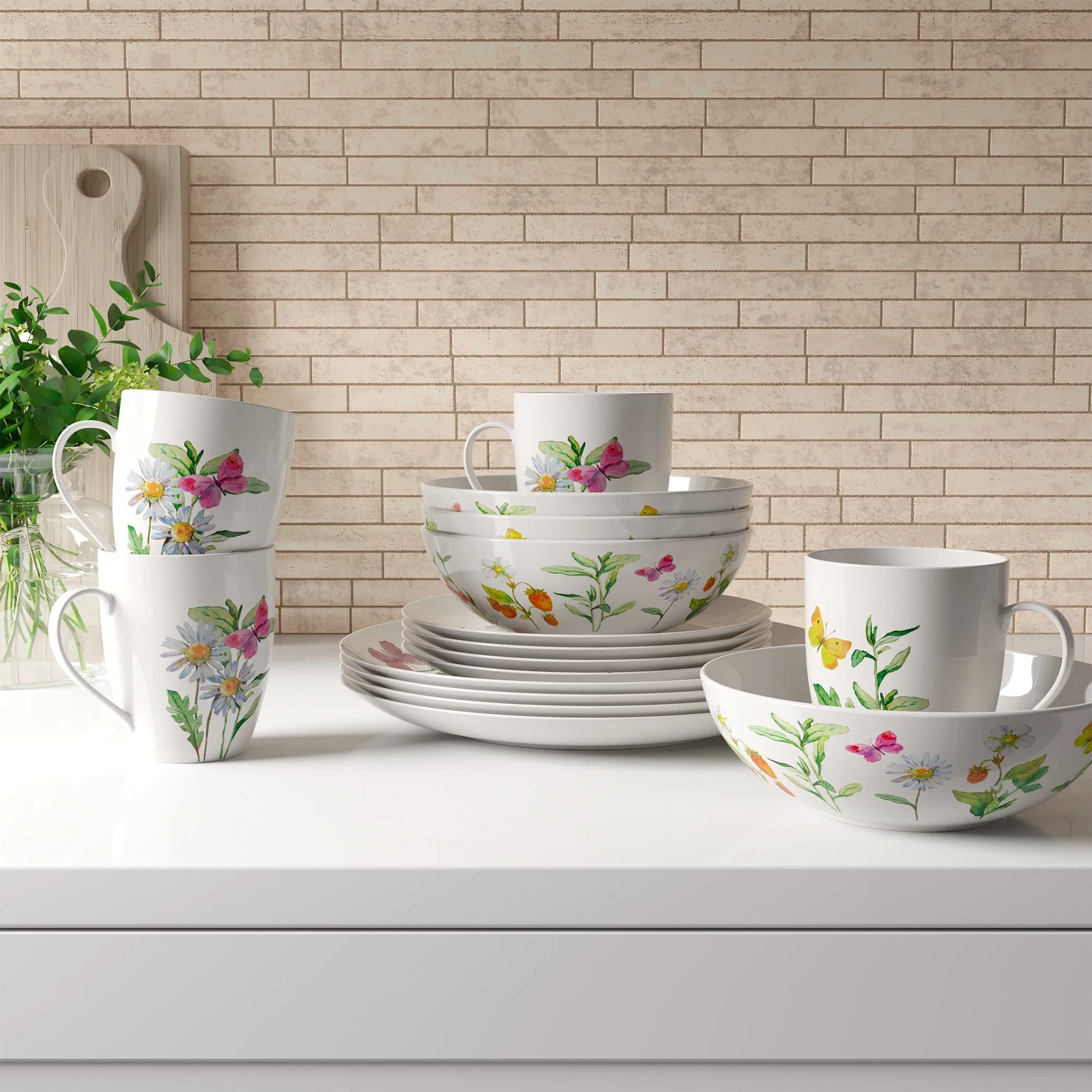 Safdie & Co. Dinnerware Set 16Piece Botanical Butterflies, Service for 4