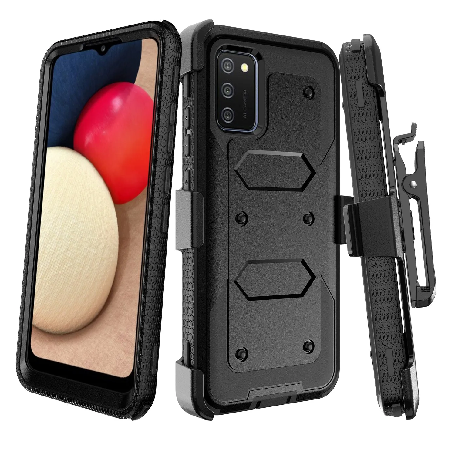 Samsung Galaxy A02s Case, Galaxy A02s Case, Triple Protection 3-1 w/ Built in Screen Protector Heavy Duty Holster Shell Combo Case - Black