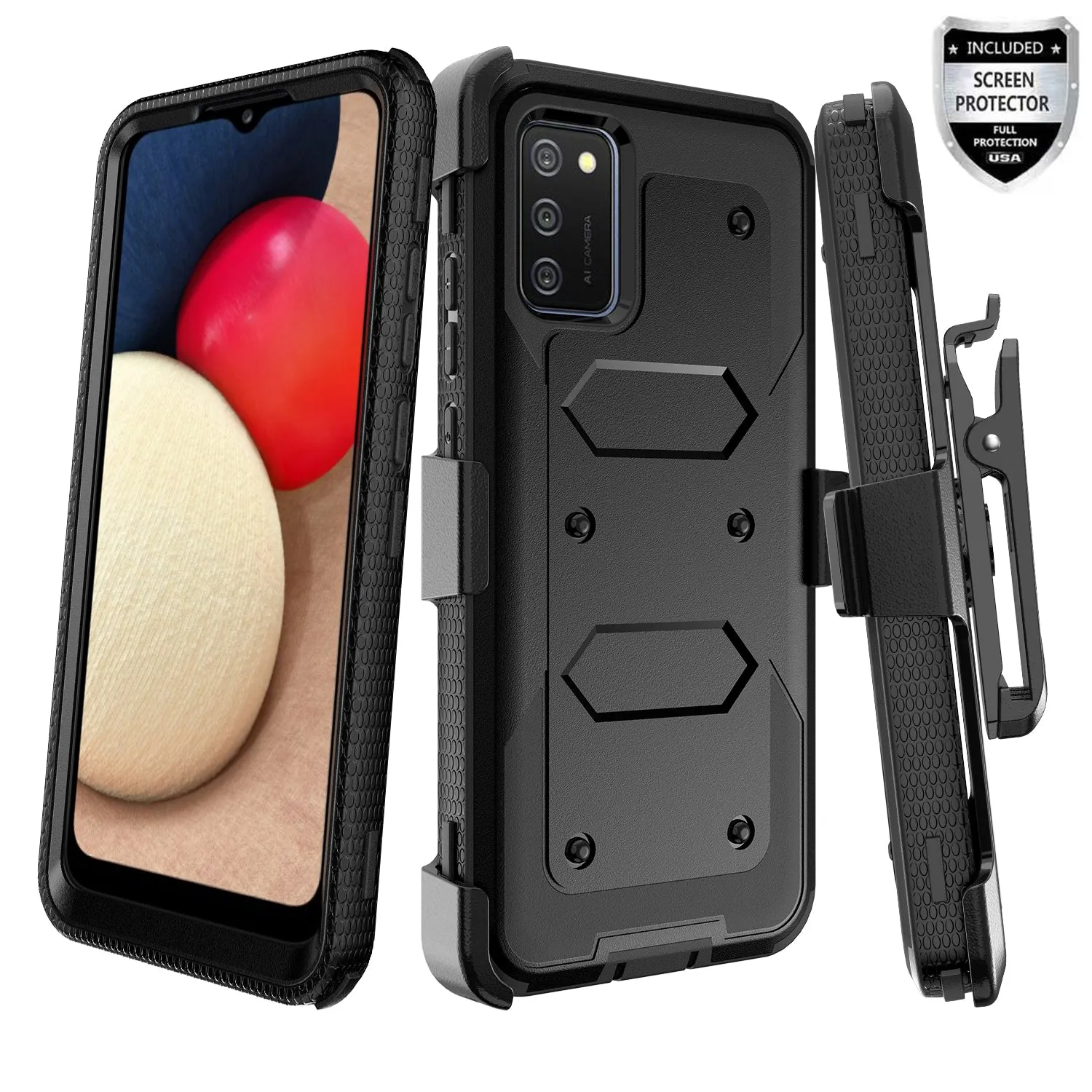 Samsung Galaxy A02s Case, Galaxy A02s Case, Triple Protection 3-1 w/ Built in Screen Protector Heavy Duty Holster Shell Combo Case - Black