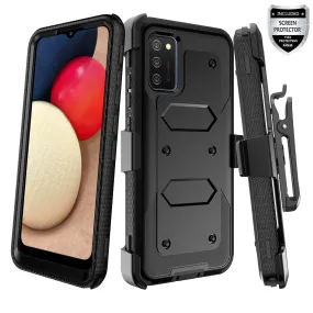 Samsung Galaxy A02s Case, Galaxy A02s Case, Triple Protection 3-1 w/ Built in Screen Protector Heavy Duty Holster Shell Combo Case - Black