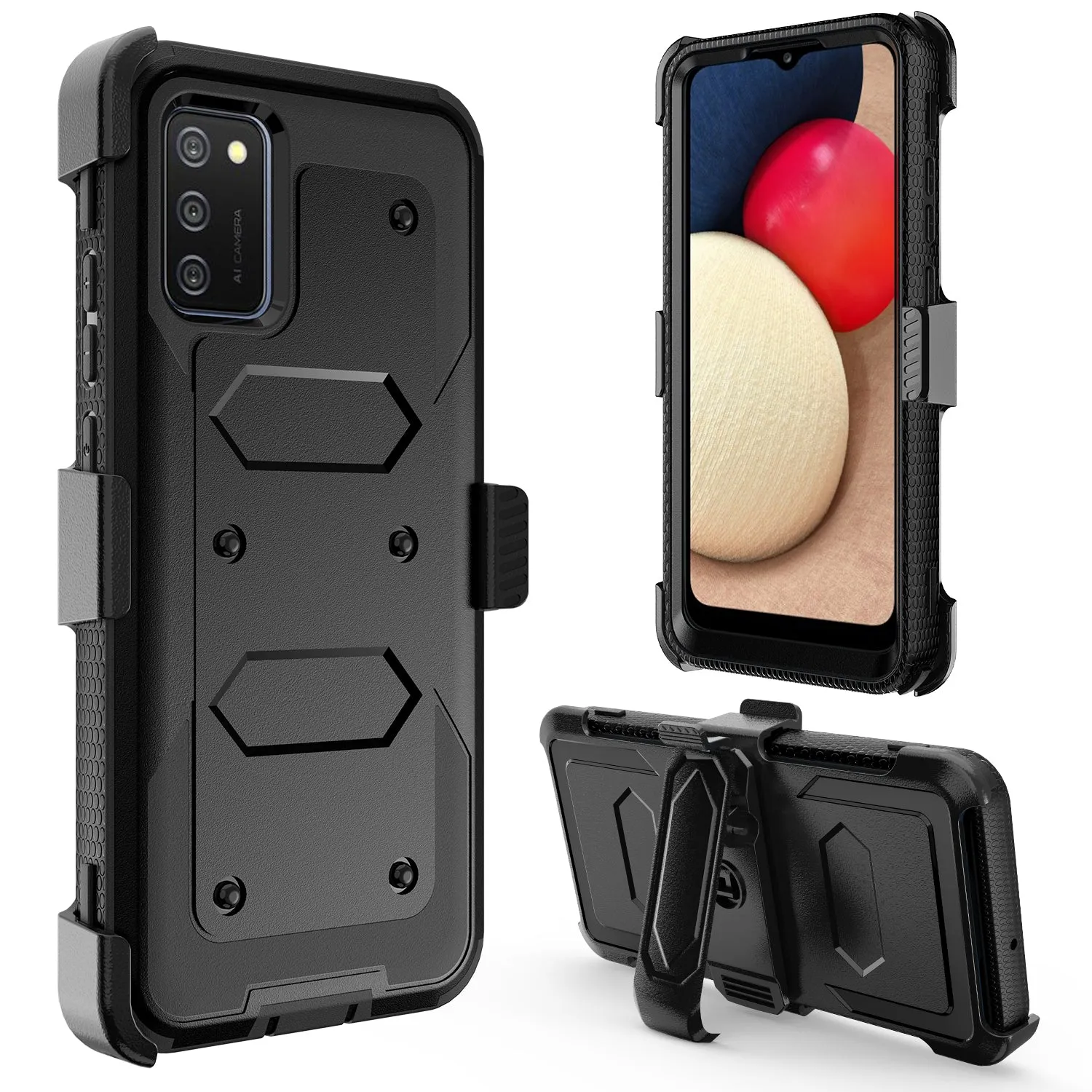 Samsung Galaxy A02s Case, Galaxy A02s Case, Triple Protection 3-1 w/ Built in Screen Protector Heavy Duty Holster Shell Combo Case - Black