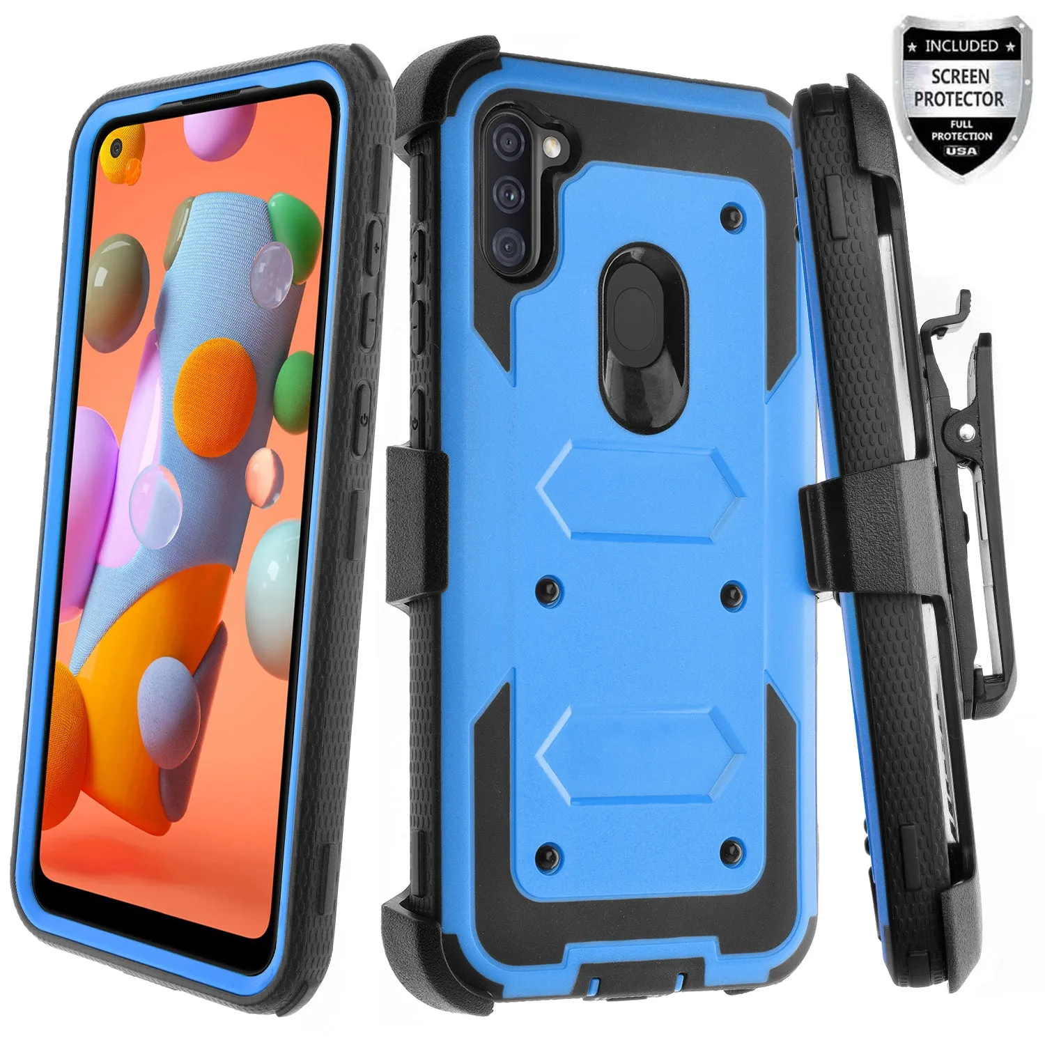 Samsung Galaxy A11 Case, Galaxy A11 Case,  Triple Protection 3-1 w/ Built in Screen Protector Heavy Duty Holster Shell Combo Case - Blue