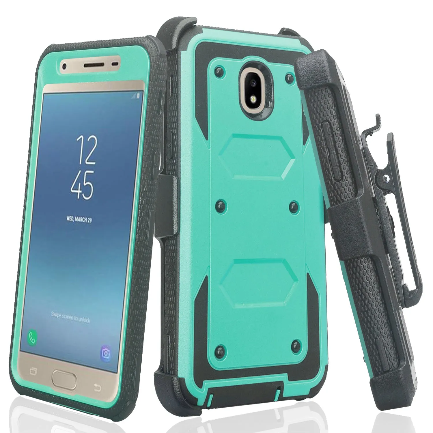 Samsung Galaxy J3 2018/Express Prime 3/Amp Prime 3/J3 Achieve/J3 Star/J3 Top/J3 Achieve/J3 Orbit/J3 V 3rd Gen/J3 Aura/Sol 3 Case, Triple Protection 3-1 w/ Built in Screen Protector Heavy Duty Holster Shell Combo Cover - Teal