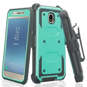 Samsung Galaxy J3 2018/Express Prime 3/Amp Prime 3/J3 Achieve/J3 Star/J3 Top/J3 Achieve/J3 Orbit/J3 V 3rd Gen/J3 Aura/Sol 3 Case, Triple Protection 3-1 w/ Built in Screen Protector Heavy Duty Holster Shell Combo Cover - Teal