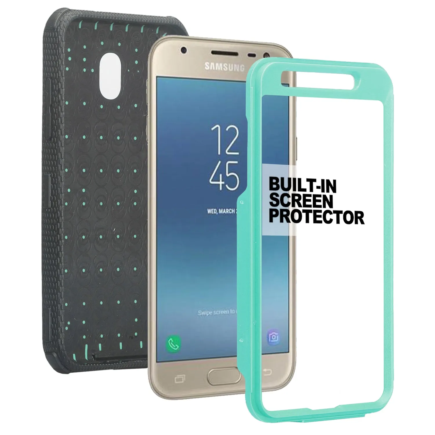 Samsung Galaxy J3 2018/Express Prime 3/Amp Prime 3/J3 Achieve/J3 Star/J3 Top/J3 Achieve/J3 Orbit/J3 V 3rd Gen/J3 Aura/Sol 3 Case, Triple Protection 3-1 w/ Built in Screen Protector Heavy Duty Holster Shell Combo Cover - Teal