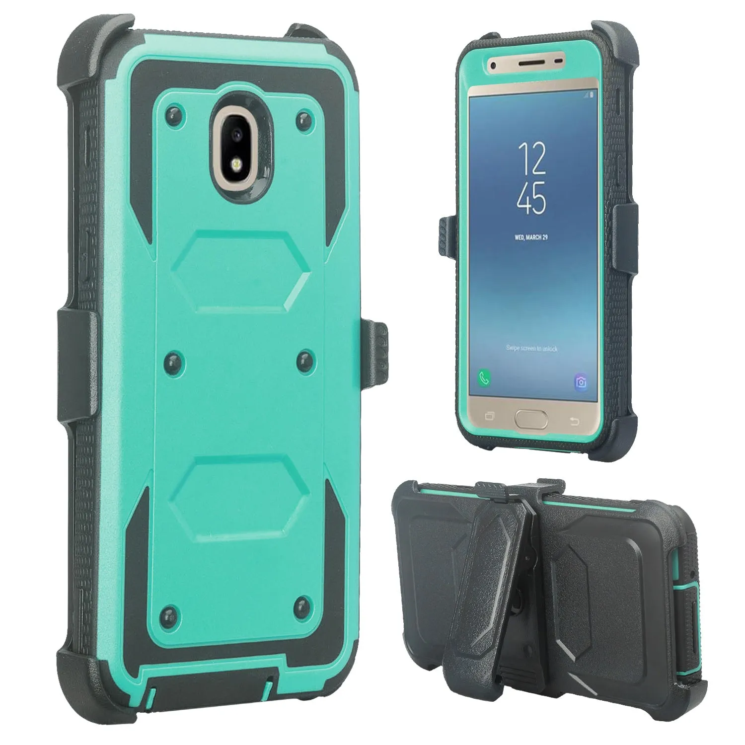 Samsung Galaxy J3 2018/Express Prime 3/Amp Prime 3/J3 Achieve/J3 Star/J3 Top/J3 Achieve/J3 Orbit/J3 V 3rd Gen/J3 Aura/Sol 3 Case, Triple Protection 3-1 w/ Built in Screen Protector Heavy Duty Holster Shell Combo Cover - Teal