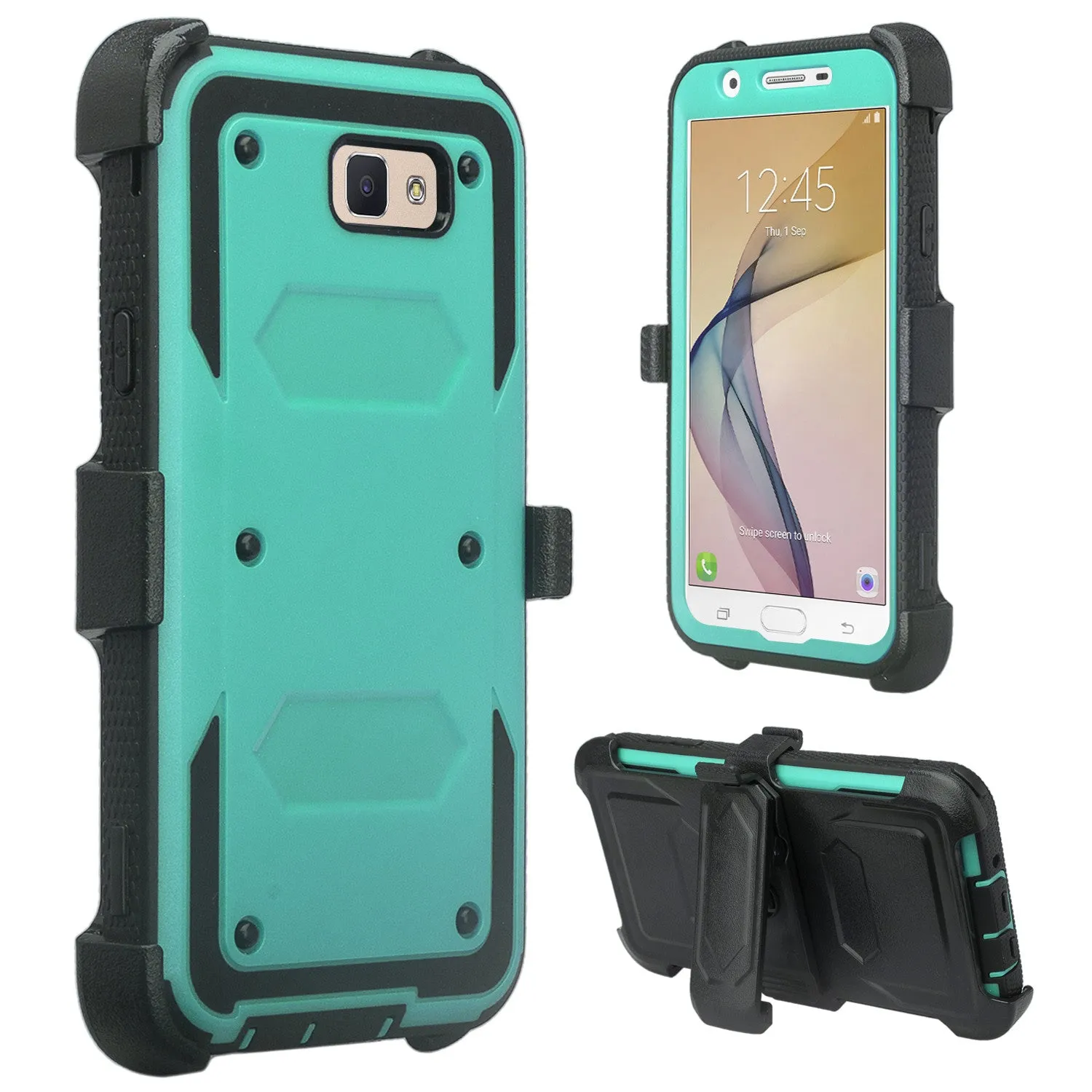 Samsung Galaxy J7 (2017) / J7 Sky Pro / J7 Perx / J7 V / J7 Prime / Galaxy Halo Case, Triple Protection w/ Built in Screen Protector Heavy Duty Holster Shell Combo Clip Cover - Teal