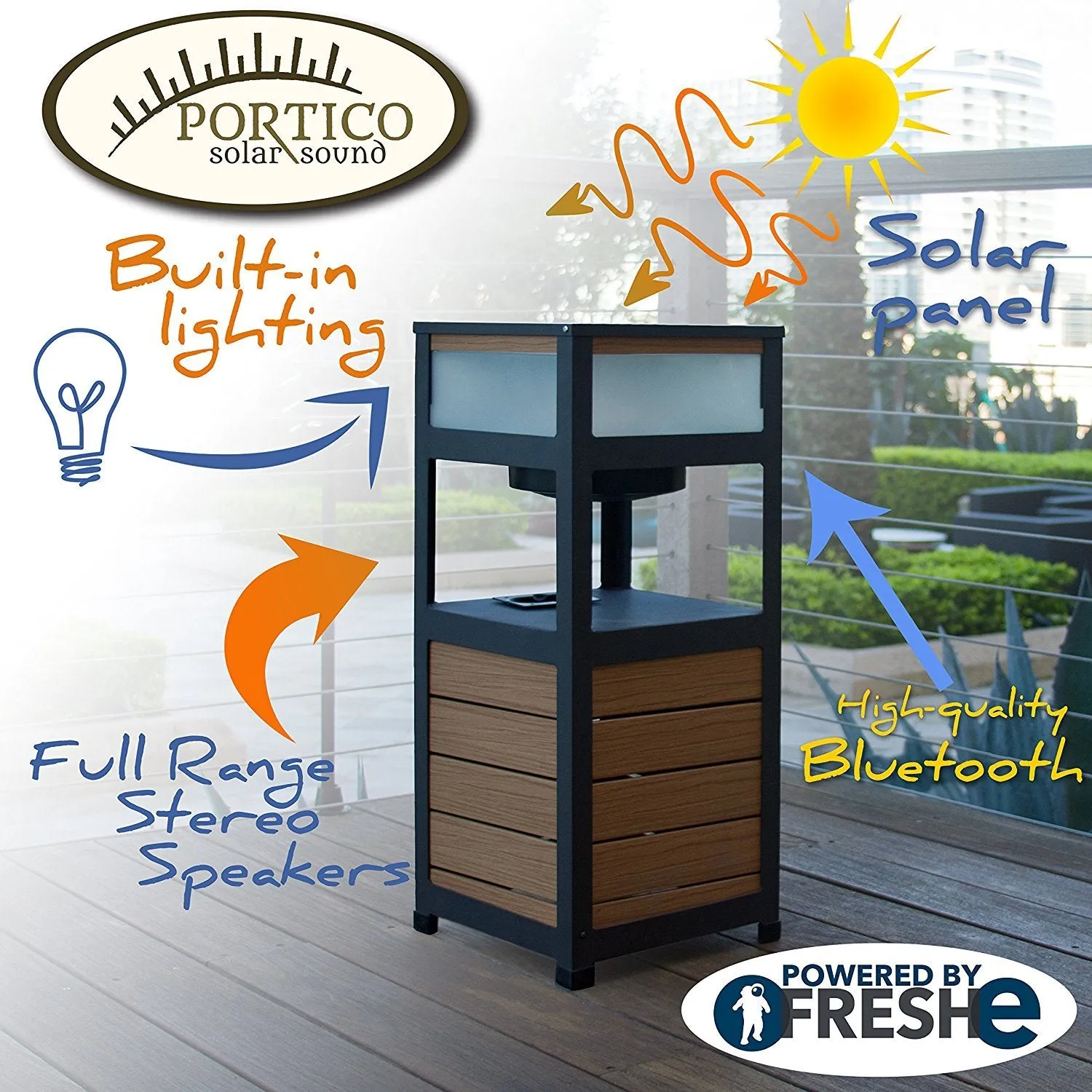 SOLAR POWERED OUTDOOR SPEAKER , BLUETOOTH PATIO SPEAKER AND ITS A TABLE - PORTICO SOLAR SOUND BY FRESHETECH