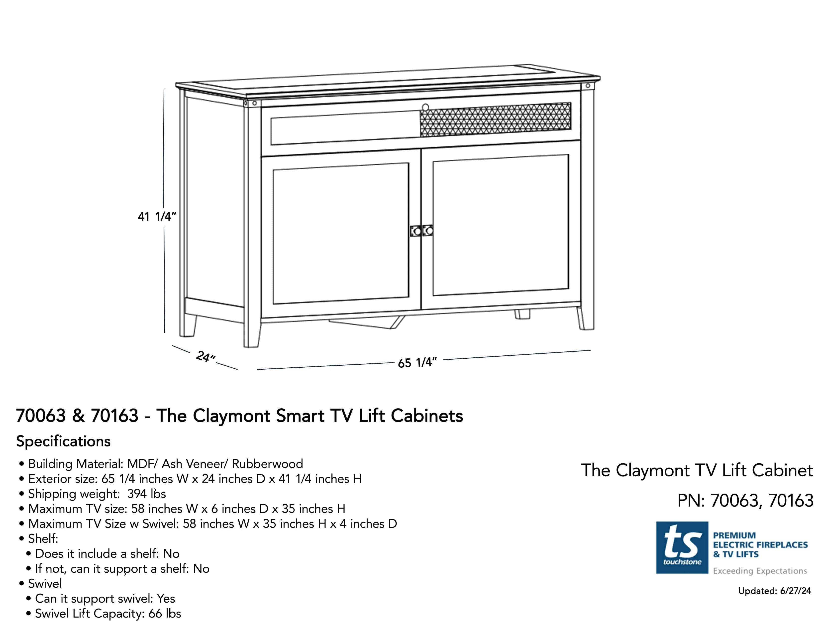The Claymont Unfinished 70163 Smart TV Lift Cabinet for 65 Inch Flat screen TVs