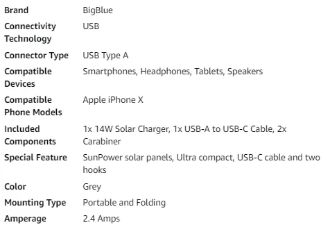Tiny Solar Charger - BigBlue  -14W - SunPower Solar Panels with USB-A Port (5V/2.4A Max), IPX4 Waterproof, Portable Solar Phone Charger - Compatible with iPhone X/8/7, Tablet, Samsung, LG, etc