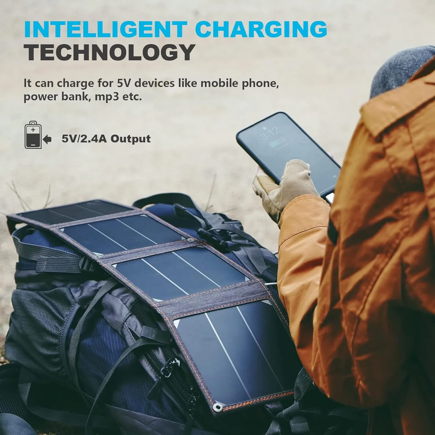 Tiny Solar Charger - BigBlue  -14W - SunPower Solar Panels with USB-A Port (5V/2.4A Max), IPX4 Waterproof, Portable Solar Phone Charger - Compatible with iPhone X/8/7, Tablet, Samsung, LG, etc