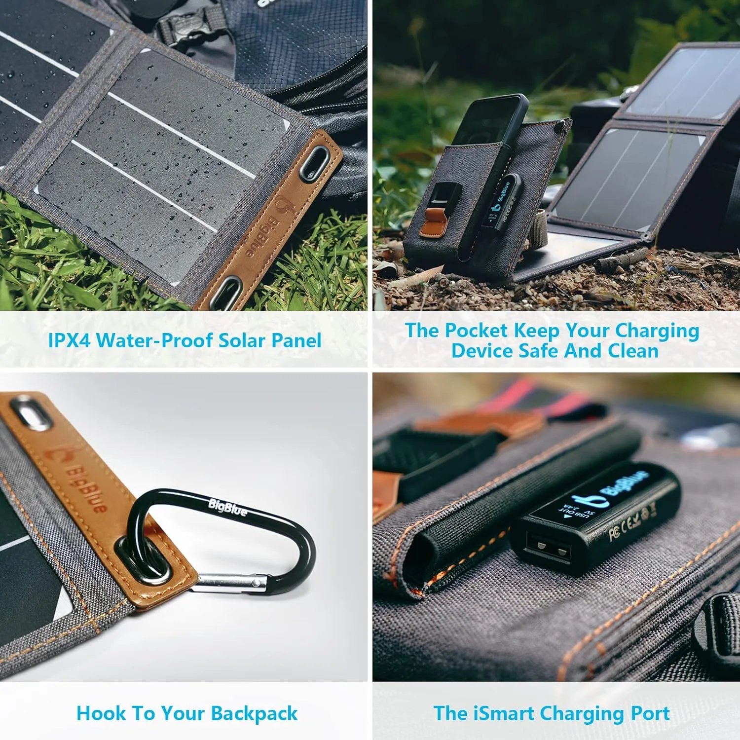 Tiny Solar Charger - BigBlue  -14W - SunPower Solar Panels with USB-A Port (5V/2.4A Max), IPX4 Waterproof, Portable Solar Phone Charger - Compatible with iPhone X/8/7, Tablet, Samsung, LG, etc