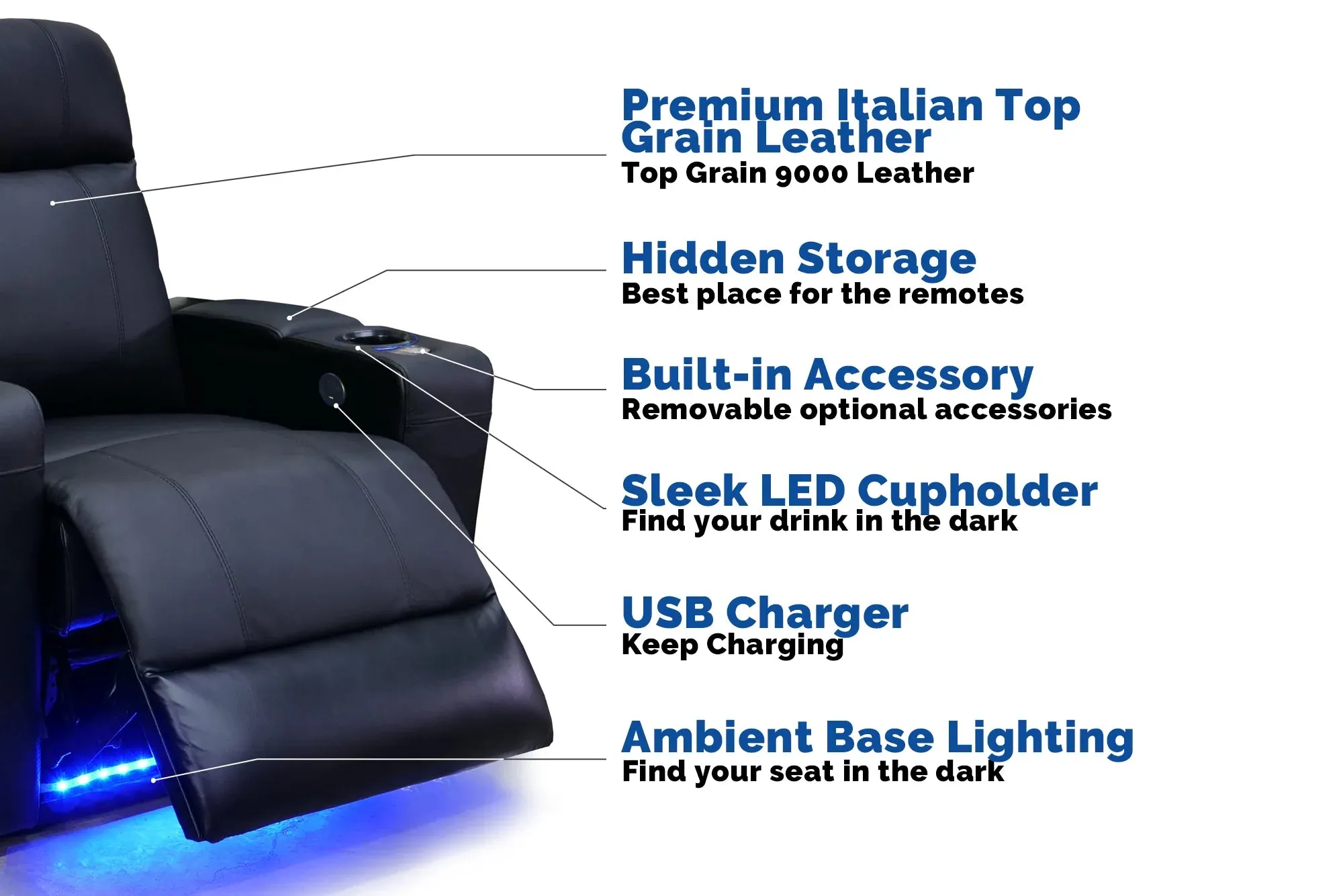Valencia Piacenza Leather Home Theater Seating Power Headrest Single, Black