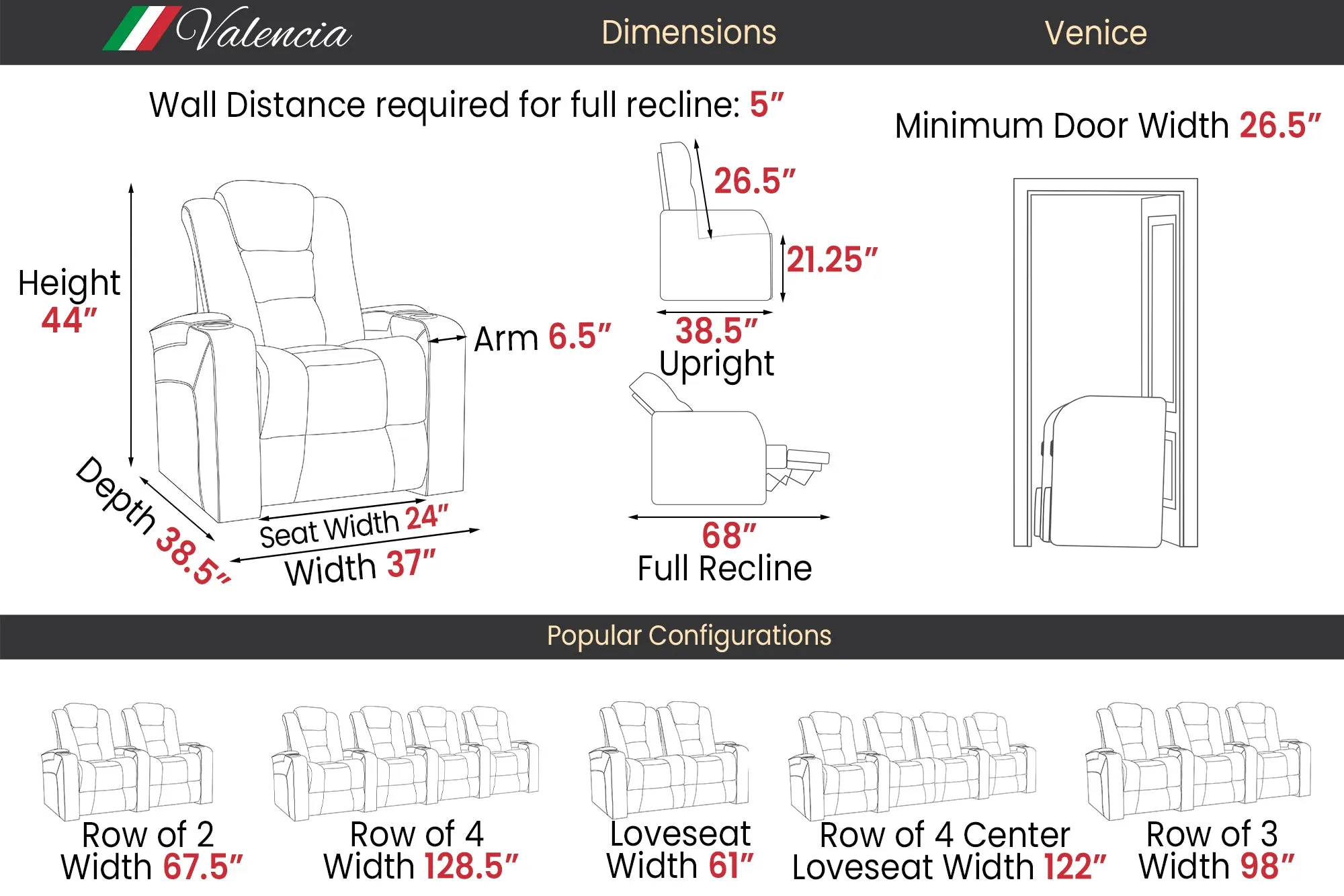 Valencia Venice Leather Home Theater Seating Row of 2, Black