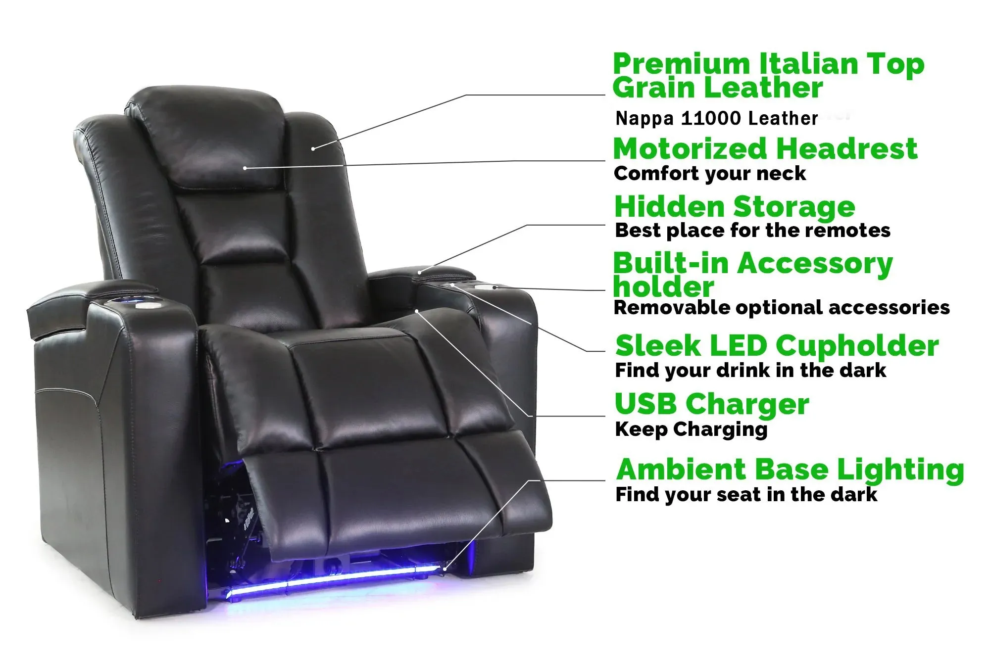 Valencia Venice Leather Home Theater Seating Row of 5 Loveseat Left, Black