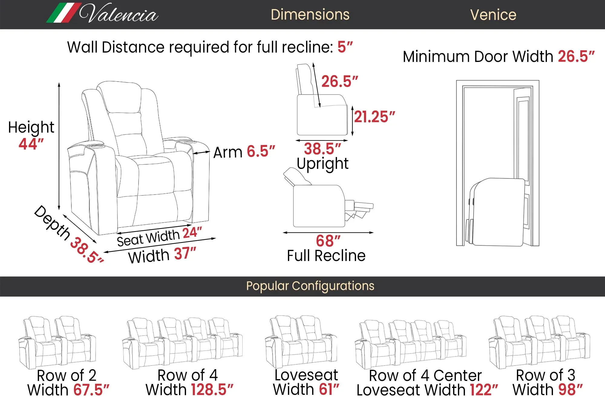 Valencia Venice Leather Home Theater Seating Row of 5 Loveseat Left, Black