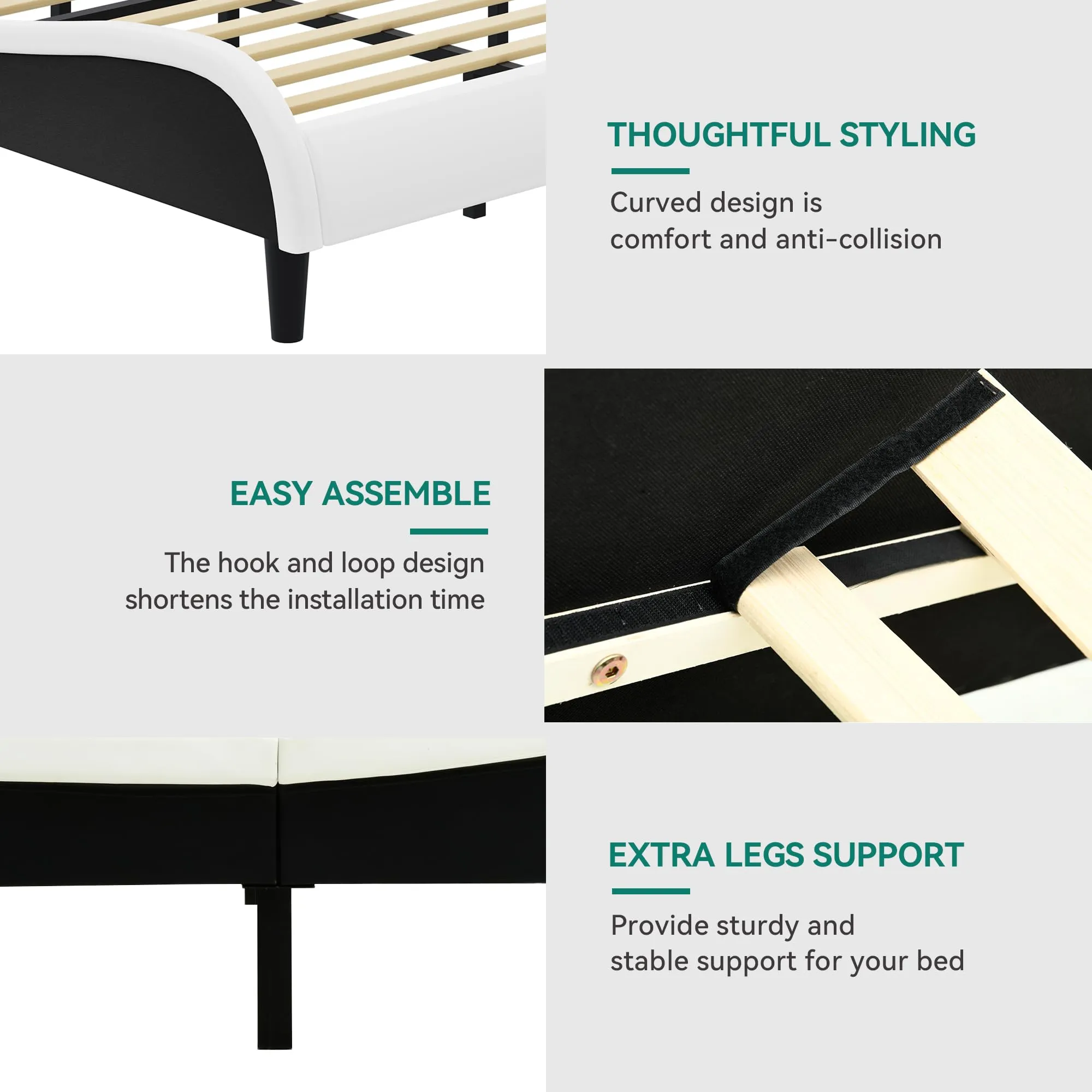 YITAHOME Queen Size Bed Frame, LED Bed Frame with Adjustable Faux Leather Upholstered Headboard, Wave-Like Curve Platform Bed Frame, No Box Spring Needed - Black & White