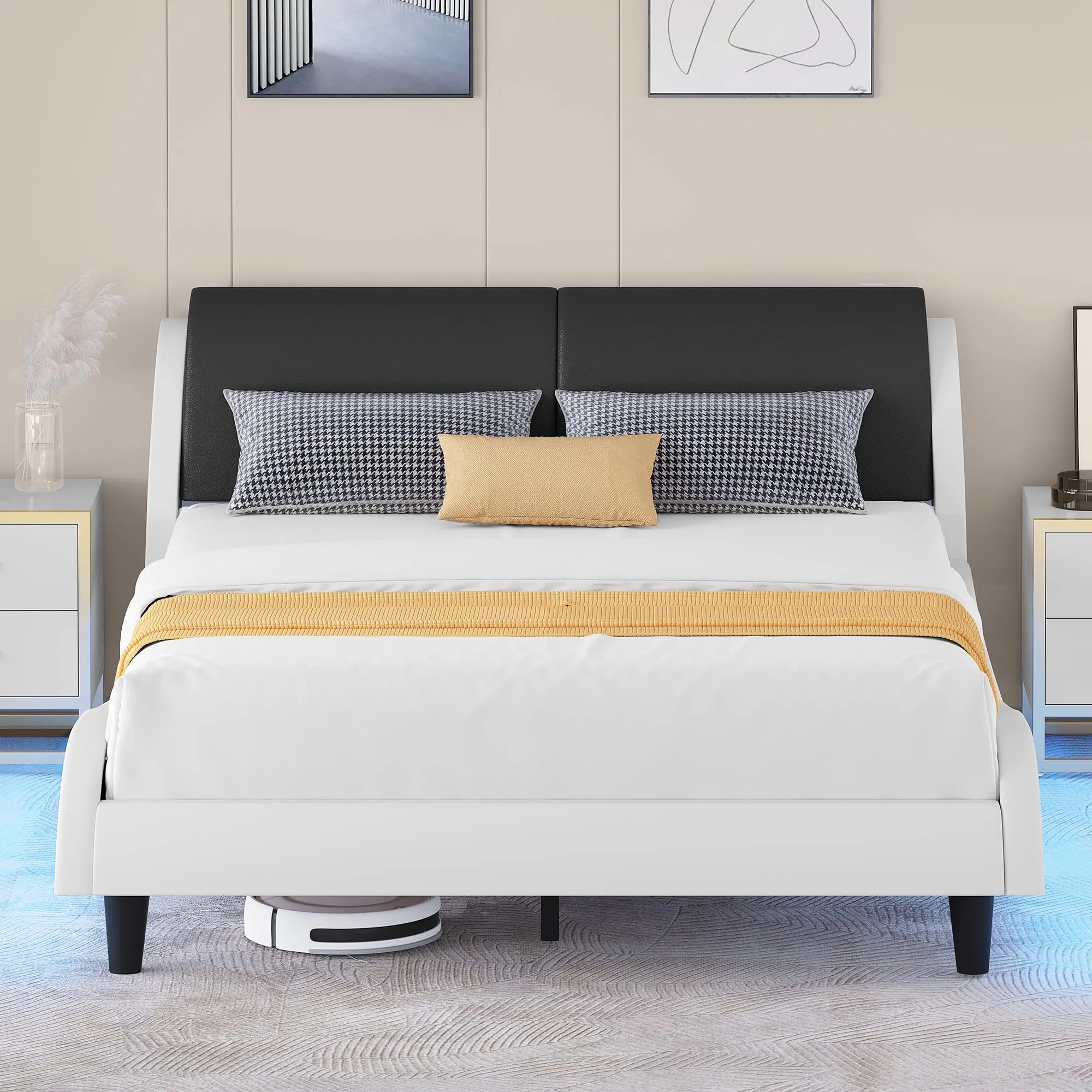 YITAHOME Queen Size Bed Frame, LED Bed Frame with Adjustable Faux Leather Upholstered Headboard, Wave-Like Curve Platform Bed Frame, No Box Spring Needed - Black & White
