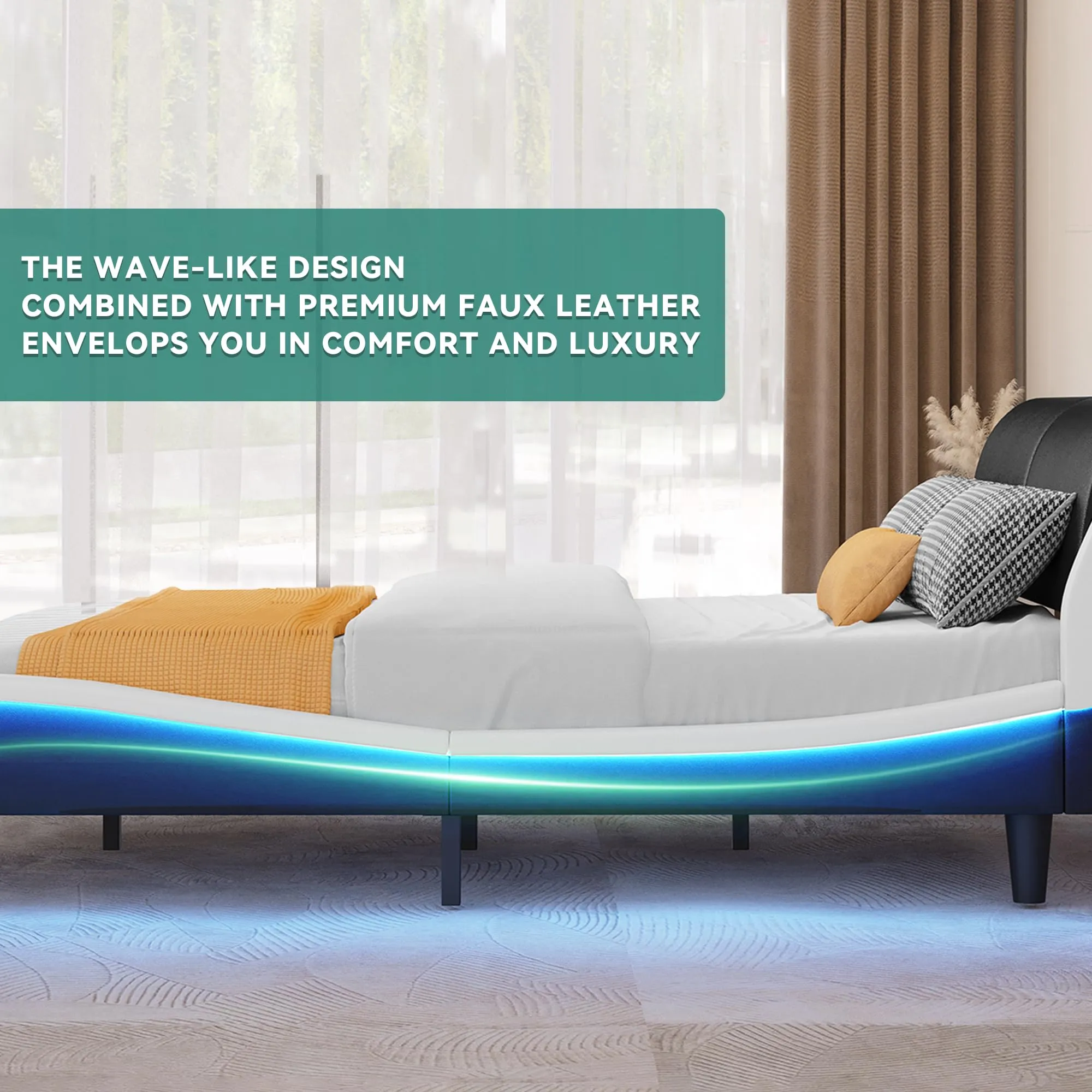 YITAHOME Queen Size Bed Frame, LED Bed Frame with Adjustable Faux Leather Upholstered Headboard, Wave-Like Curve Platform Bed Frame, No Box Spring Needed - Black & White