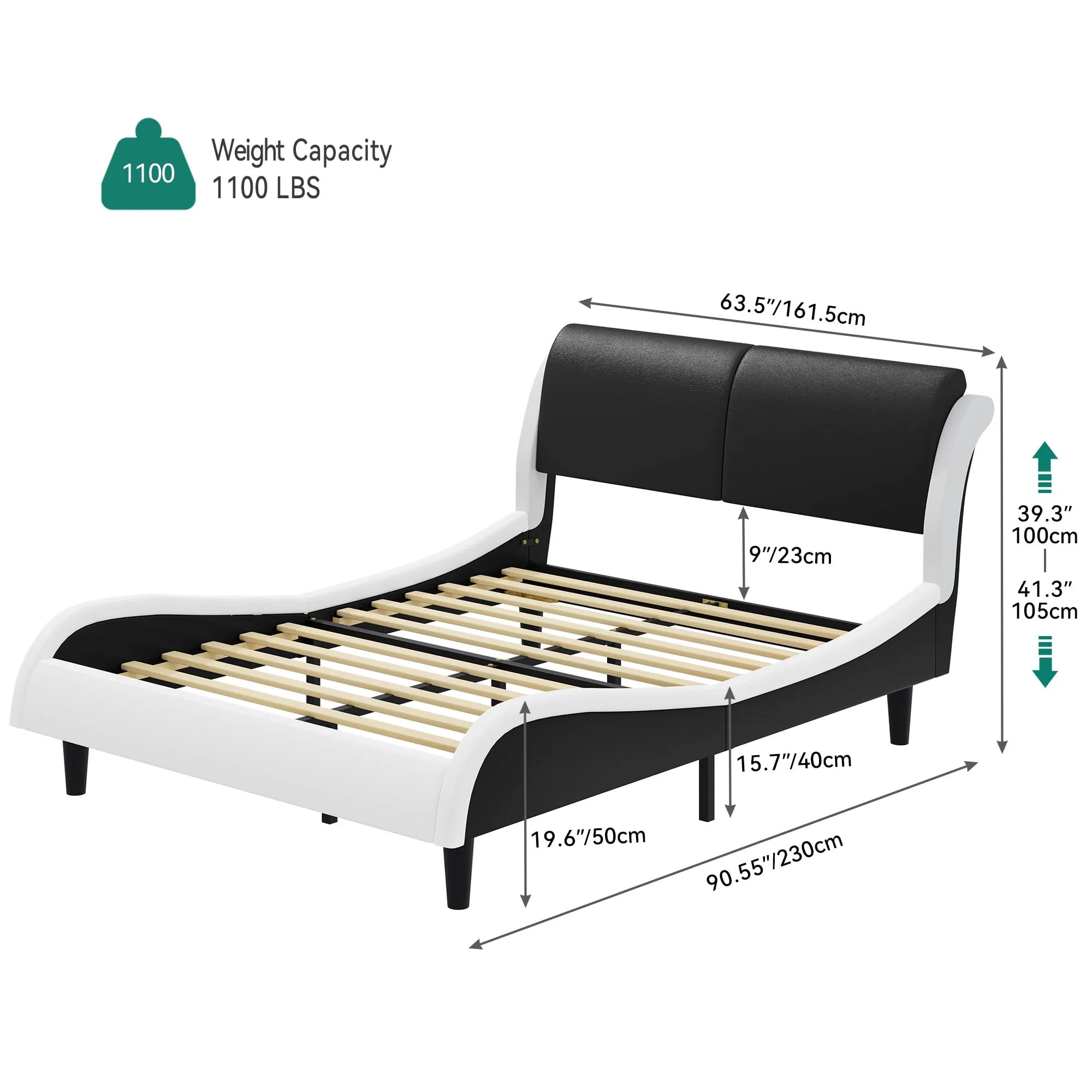 YITAHOME Queen Size Bed Frame, LED Bed Frame with Adjustable Faux Leather Upholstered Headboard, Wave-Like Curve Platform Bed Frame, No Box Spring Needed - Black & White