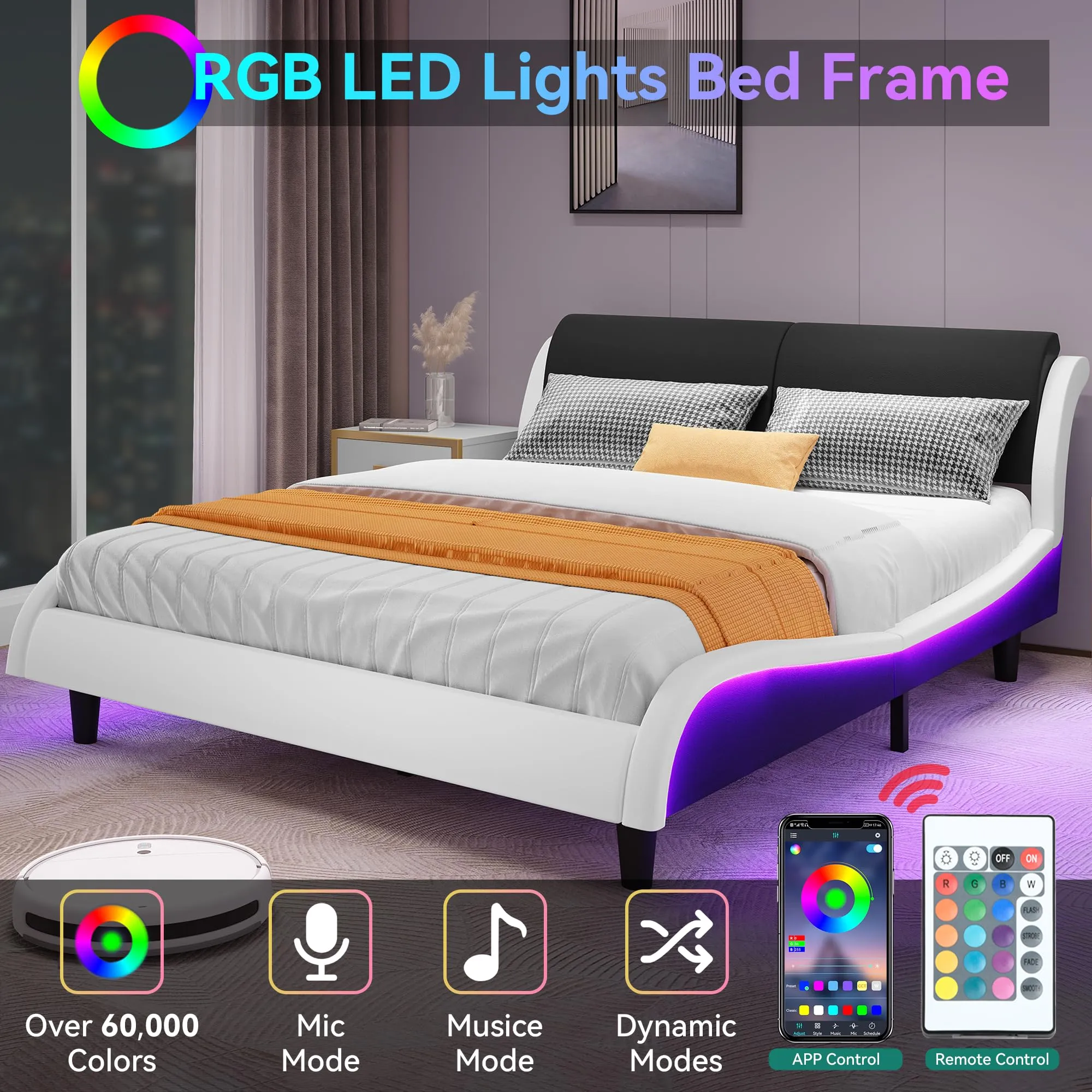 YITAHOME Queen Size Bed Frame, LED Bed Frame with Adjustable Faux Leather Upholstered Headboard, Wave-Like Curve Platform Bed Frame, No Box Spring Needed - Black & White