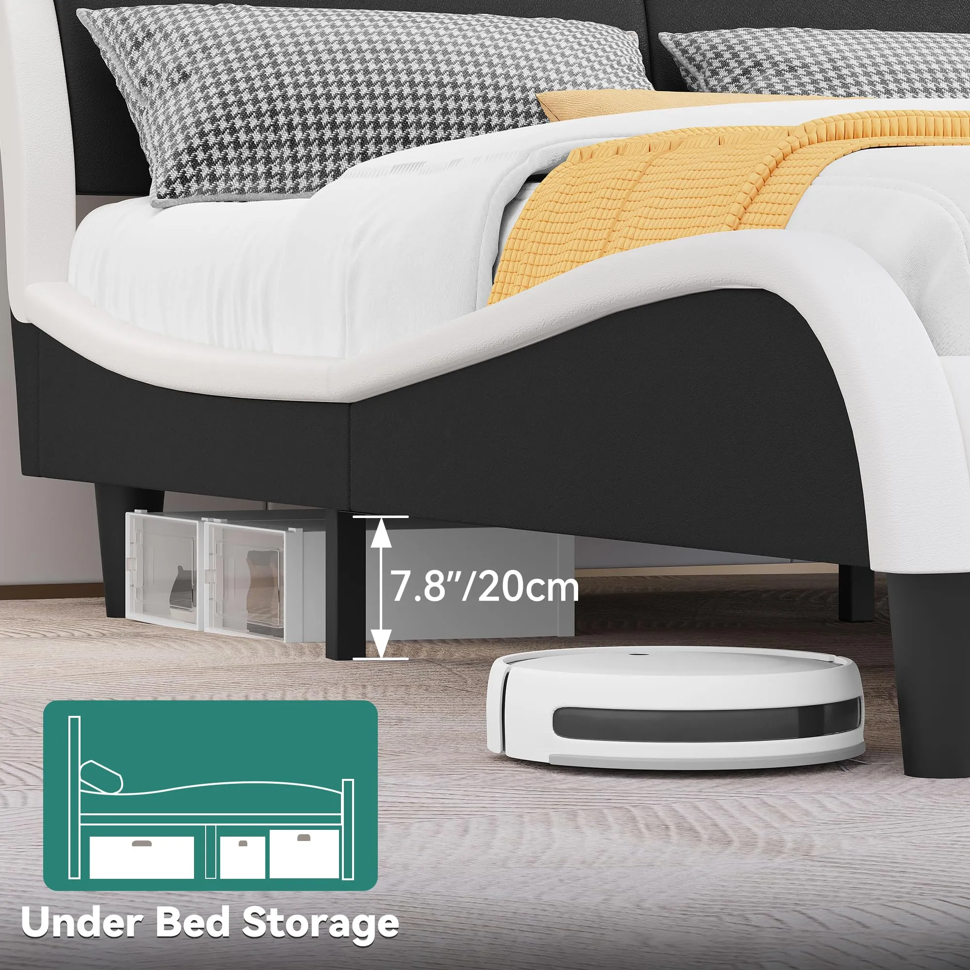 YITAHOME Queen Size Bed Frame, LED Bed Frame with Adjustable Faux Leather Upholstered Headboard, Wave-Like Curve Platform Bed Frame, No Box Spring Needed - Black & White