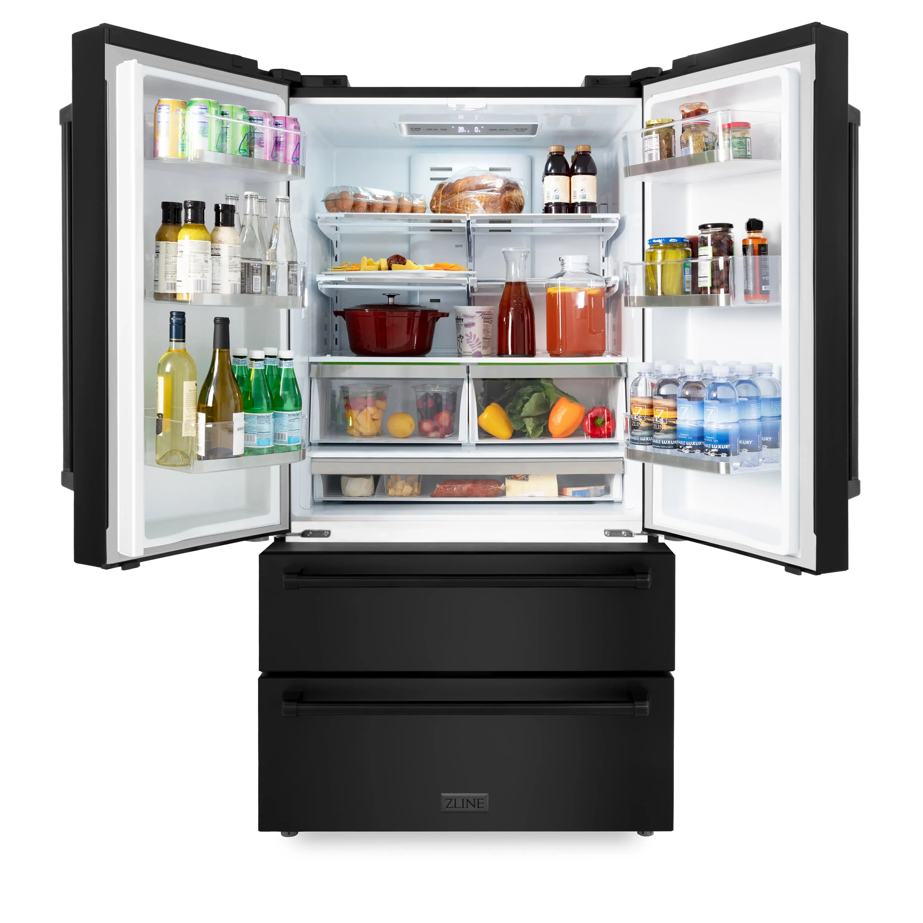ZLINE 4-Piece Appliance Package - 36-Inch Rangetop with Brass Burners, Refrigerator, 30-Inch Electric Wall Oven, and Convertible Wall Mount Hood in Black Stainless Steel (4KPR-RTBRH36-AWS)