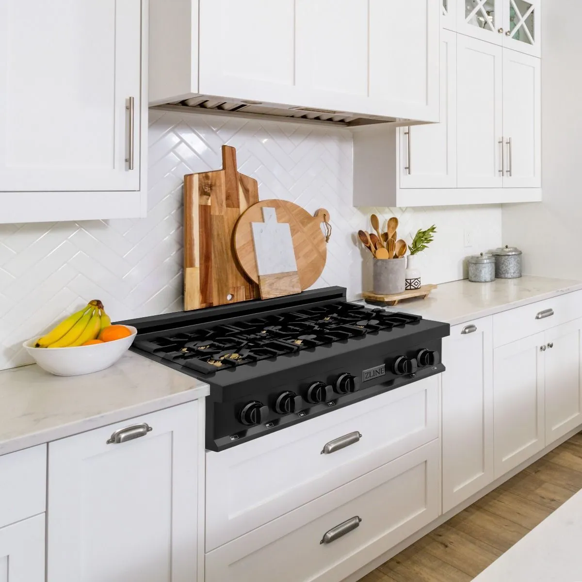 ZLINE 4-Piece Appliance Package - 36-Inch Rangetop with Brass Burners, Refrigerator, 30-Inch Electric Wall Oven, and Convertible Wall Mount Hood in Black Stainless Steel (4KPR-RTBRH36-AWS)