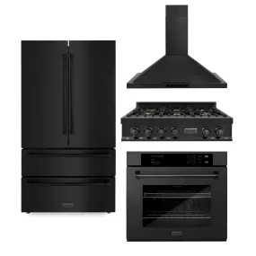 ZLINE 4-Piece Appliance Package - 36-Inch Rangetop with Brass Burners, Refrigerator, 30-Inch Electric Wall Oven, and Convertible Wall Mount Hood in Black Stainless Steel (4KPR-RTBRH36-AWS)