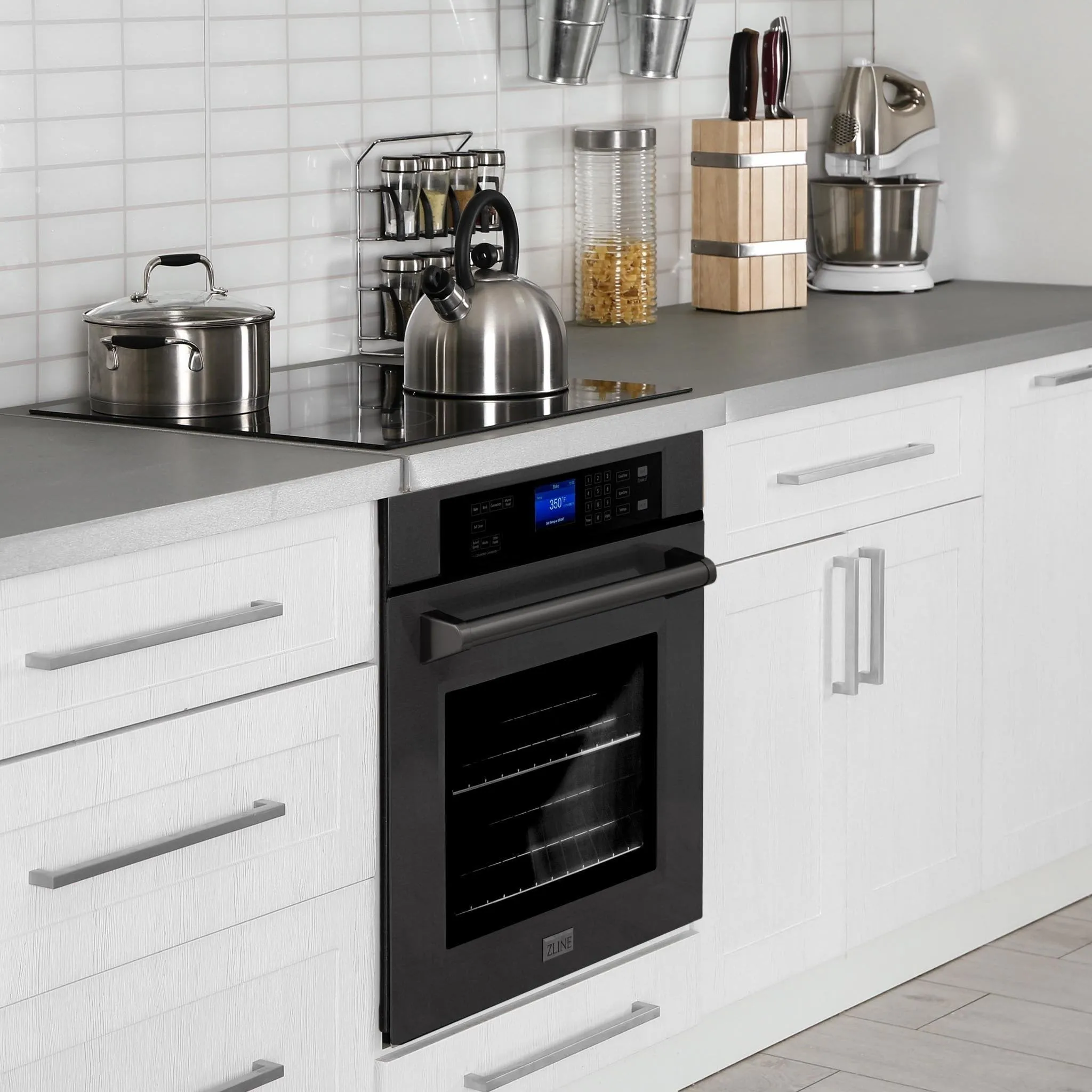 ZLINE 4-Piece Appliance Package - 36-Inch Rangetop with Brass Burners, Refrigerator, 30-Inch Electric Wall Oven, and Convertible Wall Mount Hood in Black Stainless Steel (4KPR-RTBRH36-AWS)