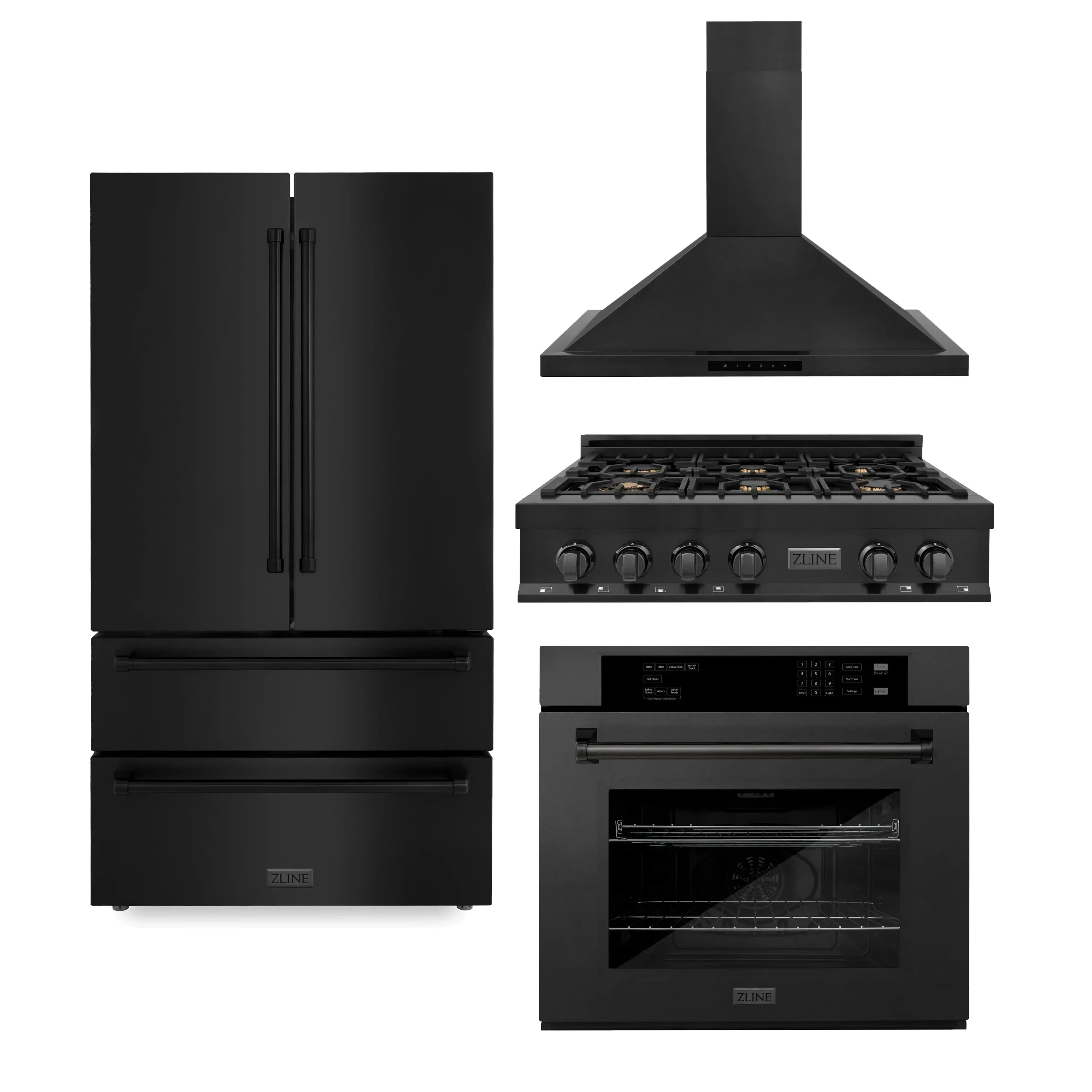 ZLINE 4-Piece Appliance Package - 36-Inch Rangetop with Brass Burners, Refrigerator, 30-Inch Electric Wall Oven, and Convertible Wall Mount Hood in Black Stainless Steel (4KPR-RTBRH36-AWS)