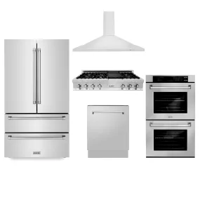 ZLINE 5-Piece Appliance Package - 48-Inch Rangetop, Refrigerator, 30-Inch Electric Double Wall Oven, 3-Rack Dishwasher, and Convertible Wall Mount Hood in Stainless Steel (5KPR-RTRH48-AWDDWV)