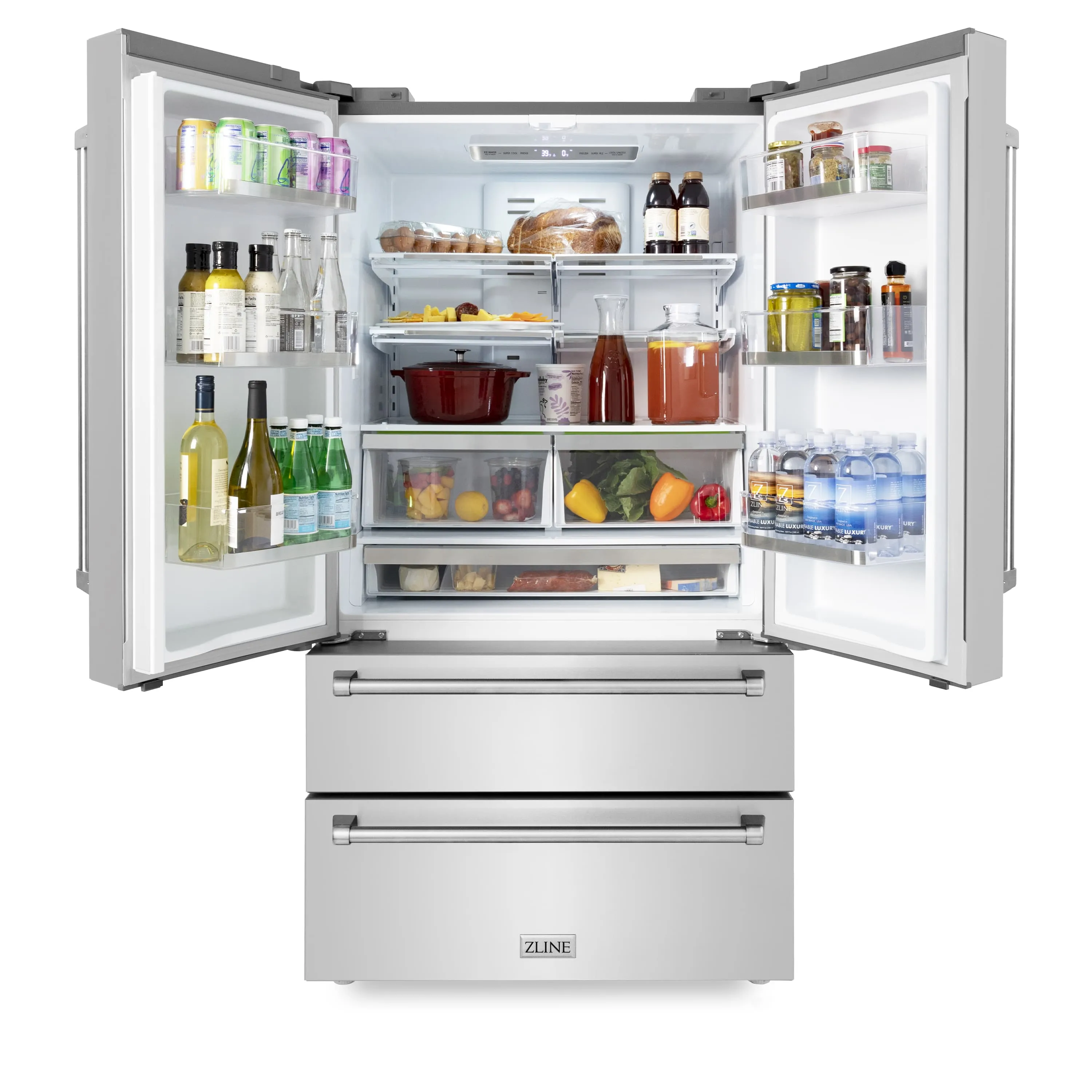 ZLINE 5-Piece Appliance Package - 48-Inch Rangetop, Refrigerator, 30-Inch Electric Double Wall Oven, 3-Rack Dishwasher, and Convertible Wall Mount Hood in Stainless Steel (5KPR-RTRH48-AWDDWV)