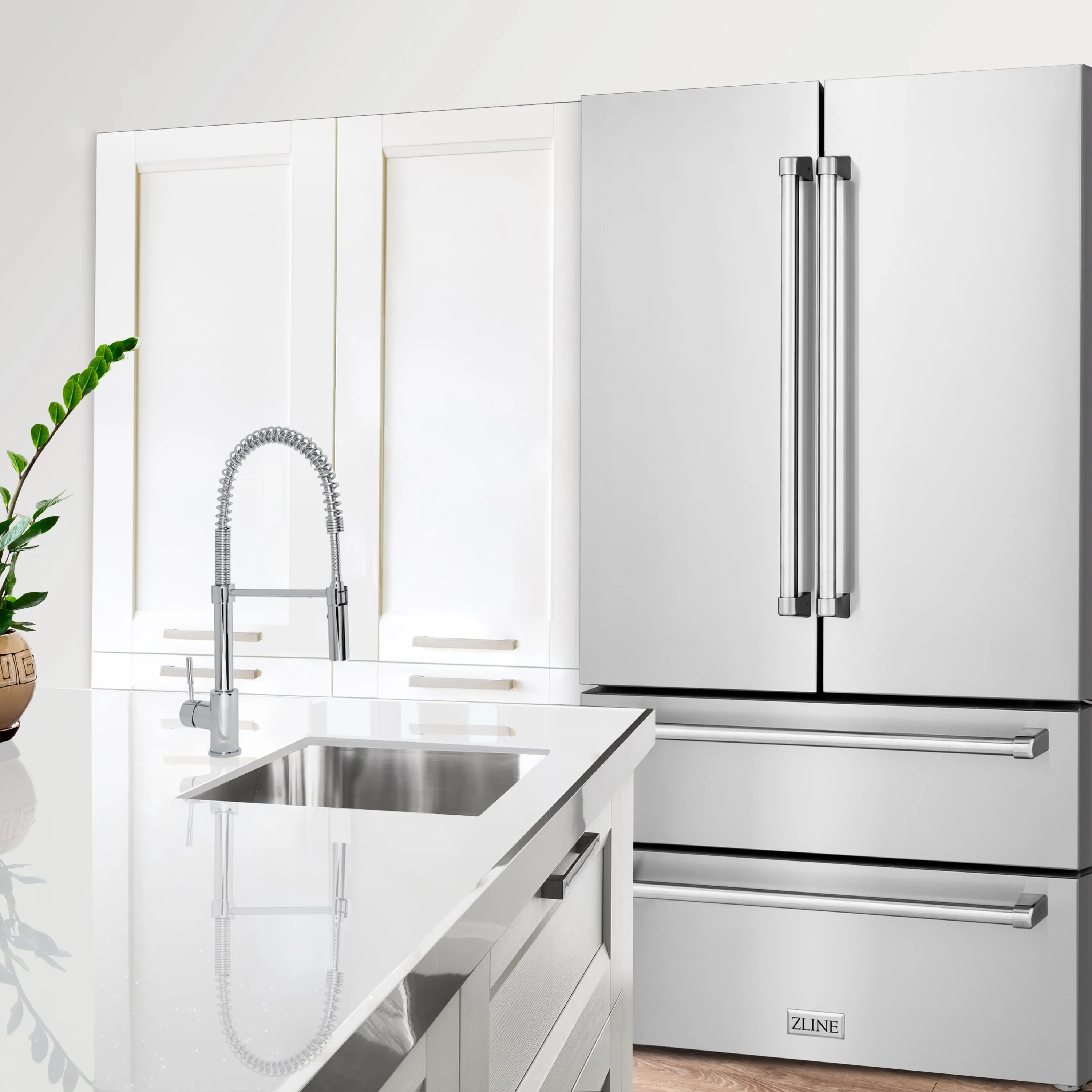 ZLINE 5-Piece Appliance Package - 48-Inch Rangetop, Refrigerator, 30-Inch Electric Double Wall Oven, 3-Rack Dishwasher, and Convertible Wall Mount Hood in Stainless Steel (5KPR-RTRH48-AWDDWV)