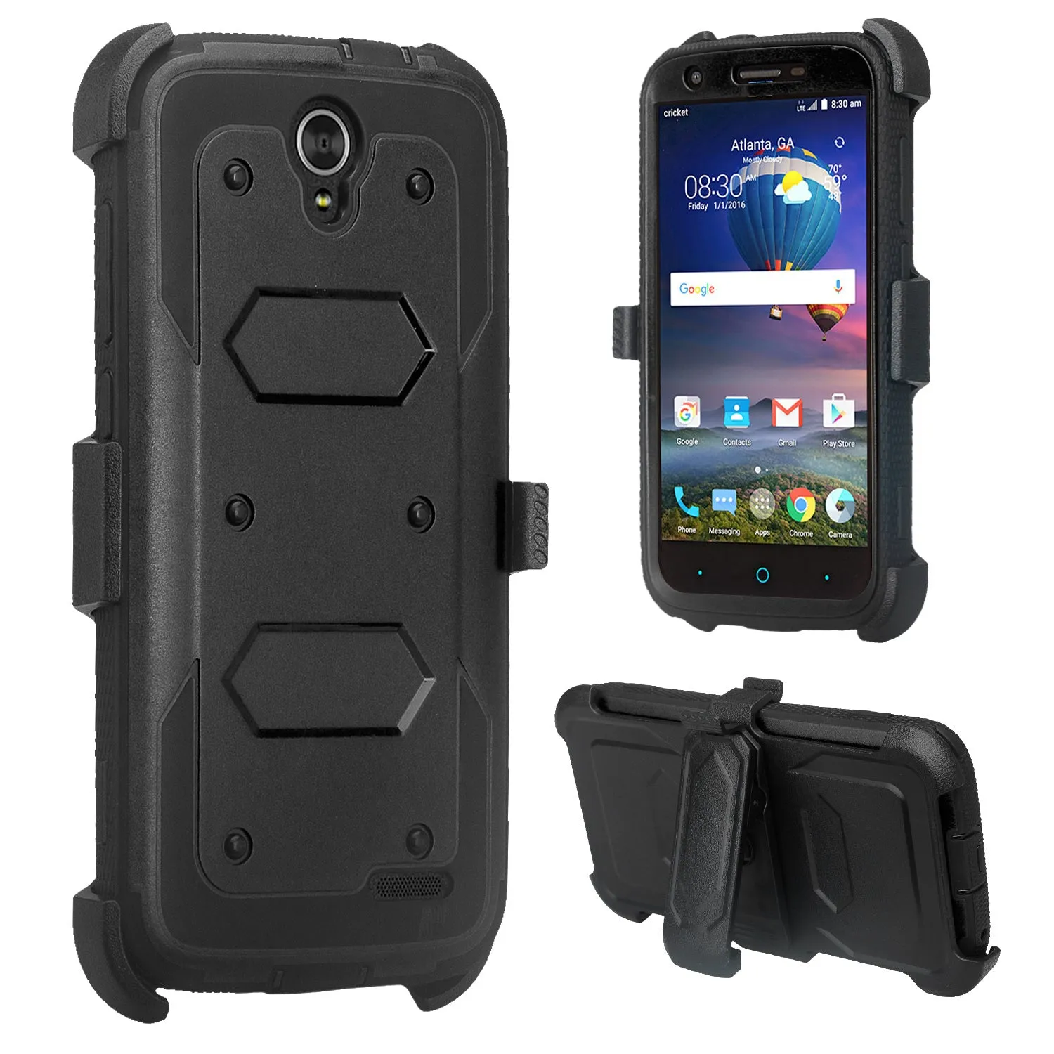 ZTE Grand X3 Case, ZMAX Champ, ZMAX Grand, Warp 7, Avid 916, Rugged Full-Body Armor[Built-in Screen Protector] Heavy Duty Holster Shell Combo Case - Black